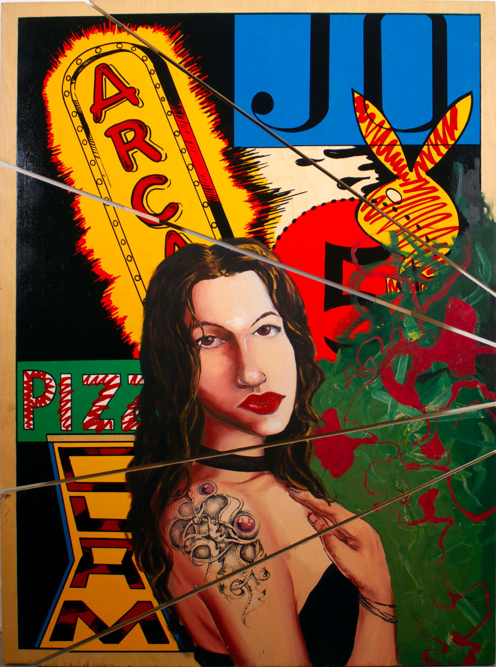 DAZE Chris Ellis Tattooed Girl Coney Island Signed Graffiti Street Art Portrait: An urban graffiti style street art portrait on board titled “Tattooed Girl/Coney Island” by DAZE. Hand signed, titled, and dated June 1996 on the verso. An intriguing composition with a re