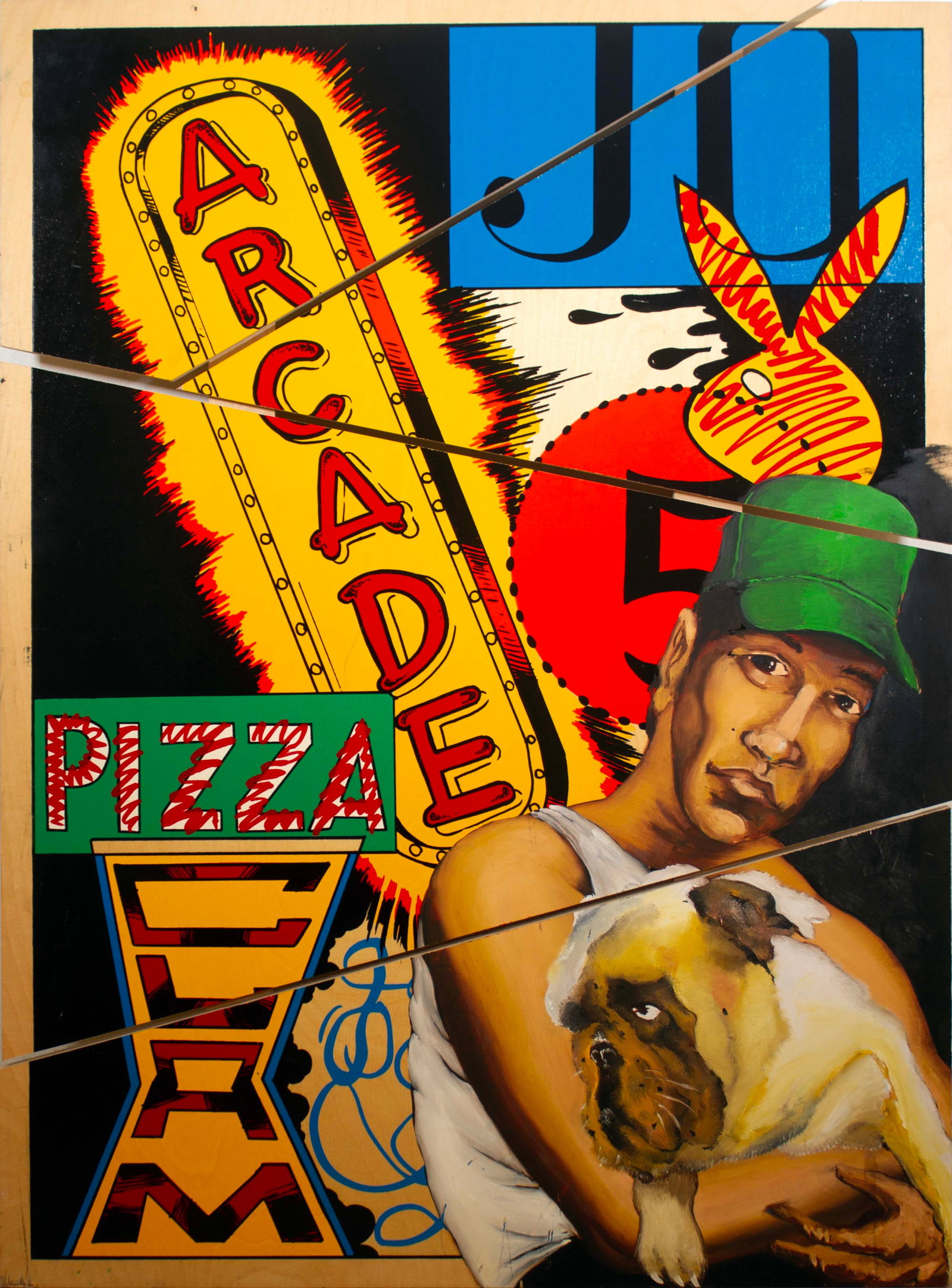 DAZE Chris Ellis Bulldog Coney Island Signed Graffiti St Art Portrait on Wood: An urban graffiti style street art portrait on board titled “Bulldog/Coney Island” by DAZE. Hand signed, titled, and dated 1994 on the verso. An intriguing composition with a realistic por