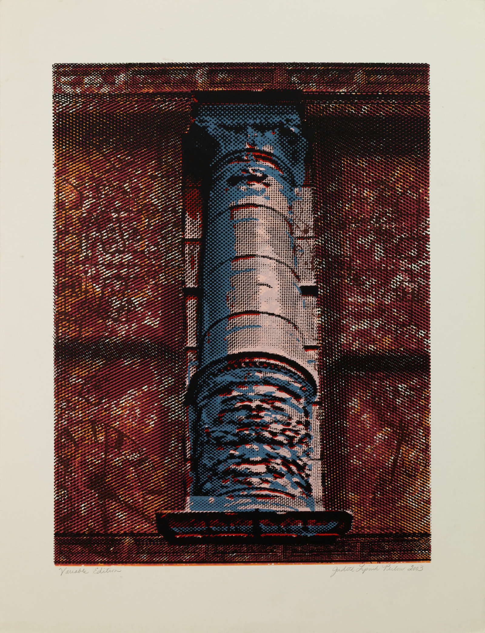 Judith Lipnik Perlow Column Series V 2003 Signed Serigraph in Colors on Paper Unframed: A color serigraph depicting a classical column rendered in blue and grey tones set against a layered red ground with halftone patterning and textured graphic elements. The composition combines archite