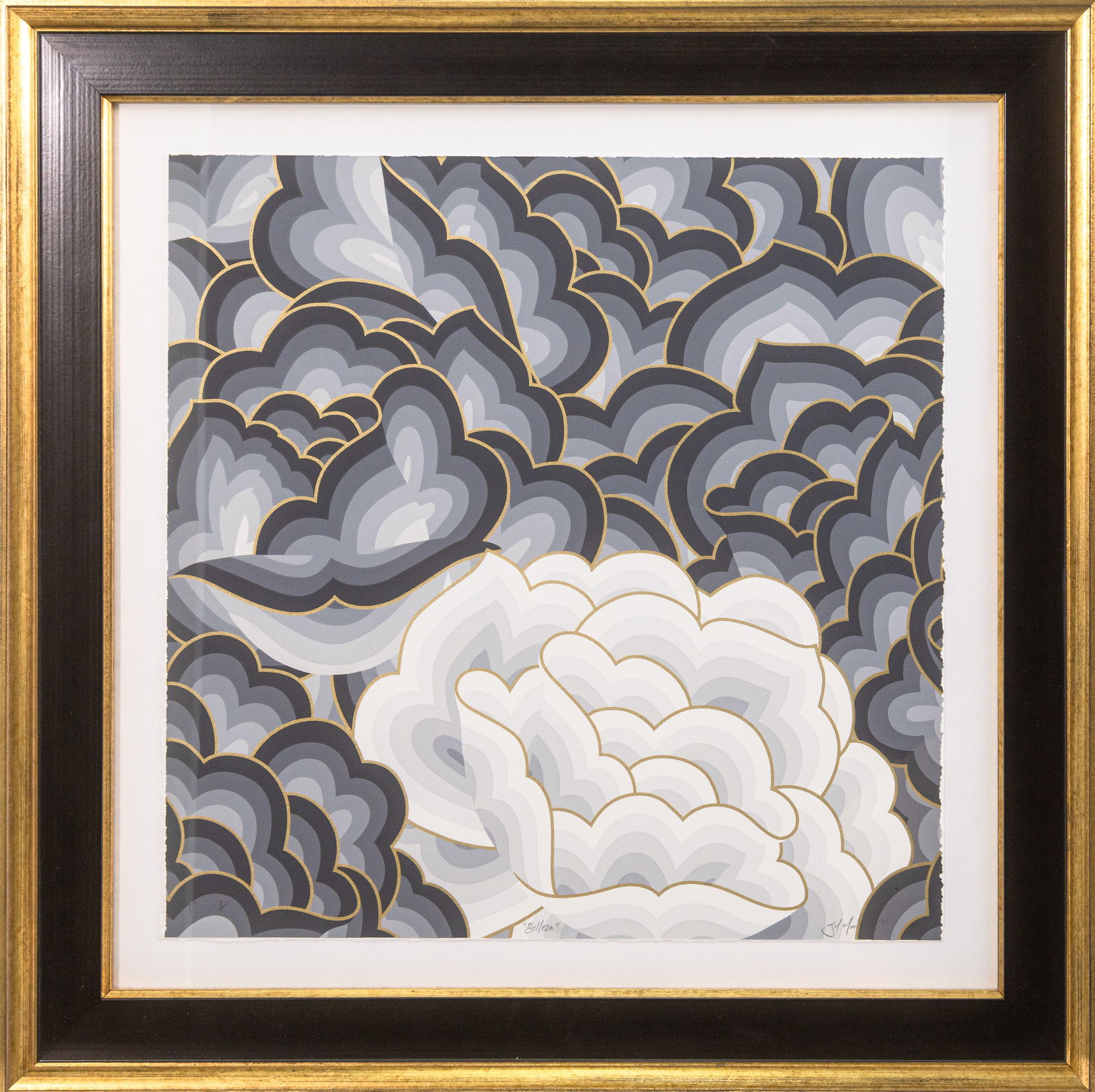 Jet Martinez Belleza 2021 Signed Color Screenprint on Deckled Paper PP Edition Framed: A color screenprint deckled-edge paper titled “Belleza” by Jet Martinez, executed in 2021. Hand signed in pencil on the lower right with a PP (printer’s proof) annotation on the lowe