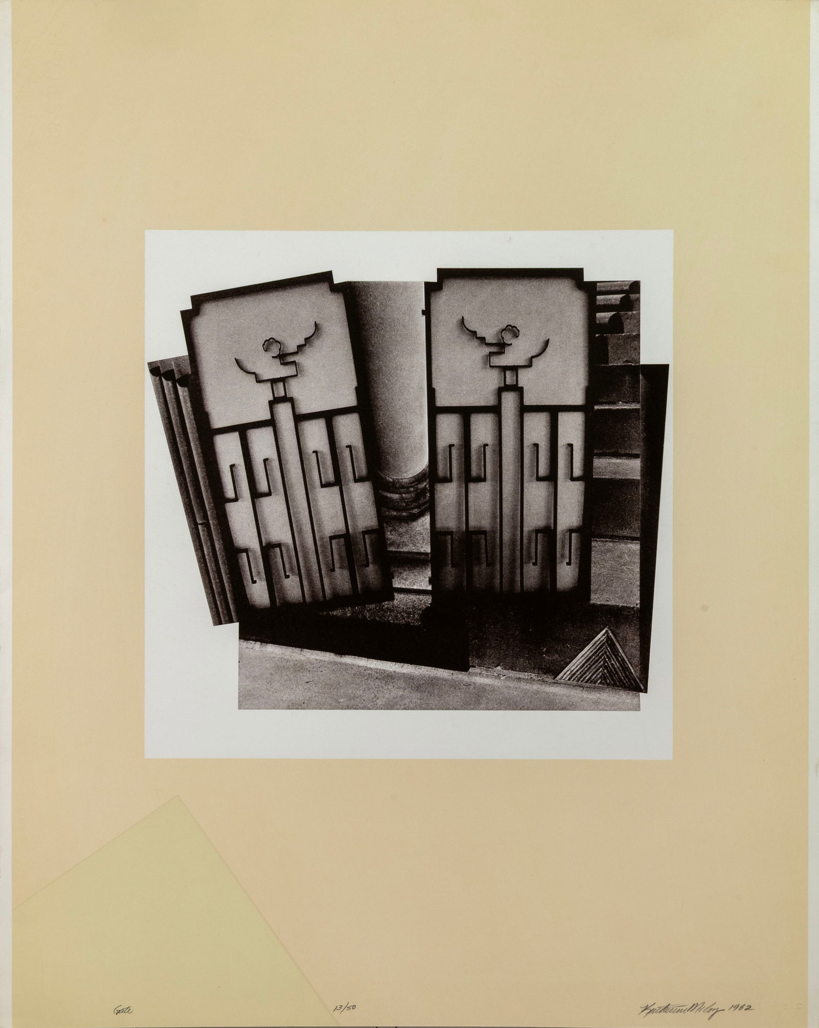 Katherine McCoy Gate (The Cranbrook Anniversary Suite) 1982 Signed Lithograph 13/50: A three-plate lithograph on Arches 88 paper by Katherine McCoy. Hand signed and numbered 13/50 on the verso. Printed by Michael Thomas, Joan Bolduc, Robin Higgs, Rebecca Atkinson. Published as part of