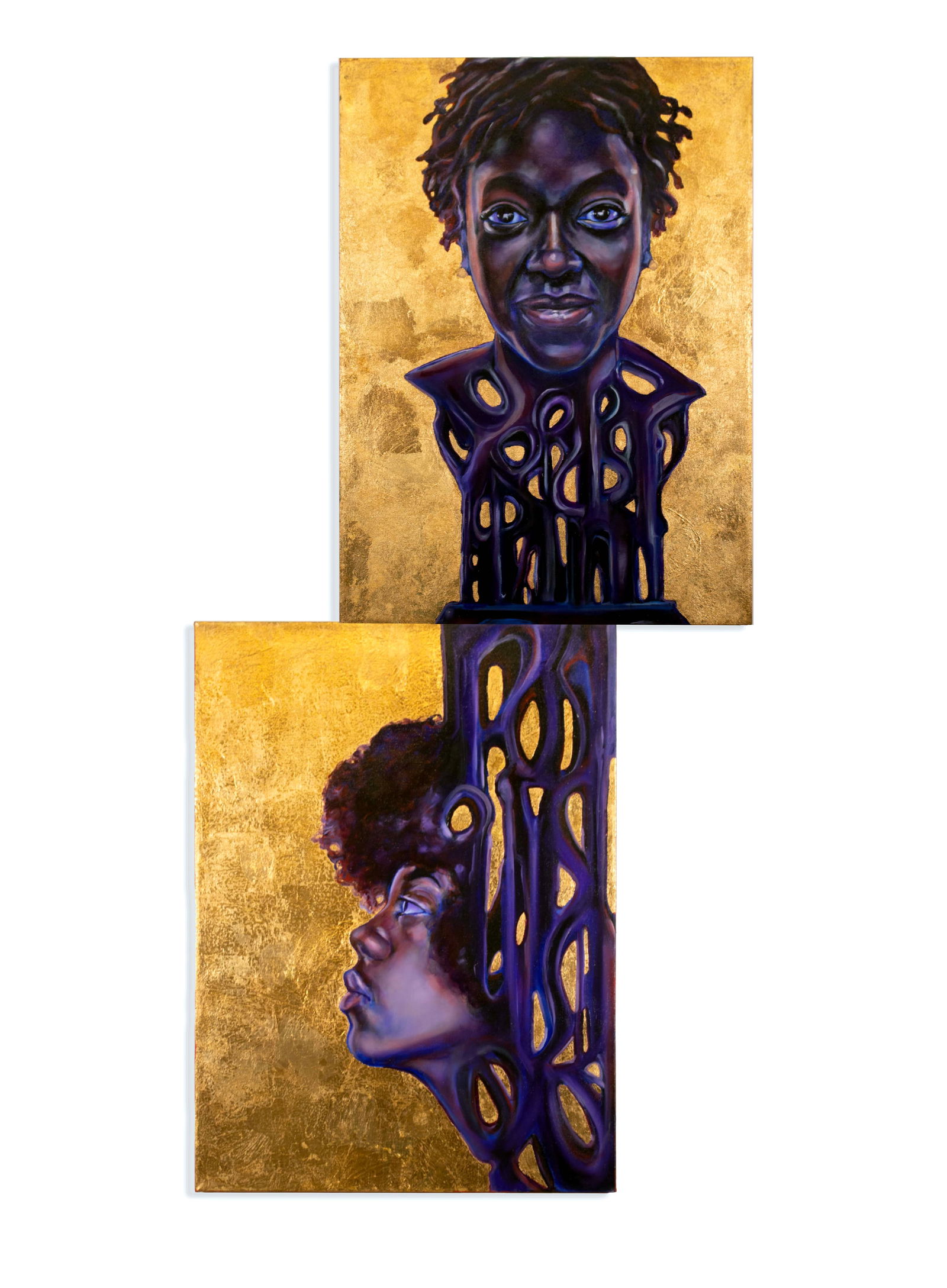Christopher Adam Williams Lift Every Voice Diptych Oil on Canvas with Gold Leaf: An evocative and powerful oil painting on canvas with copper/gold leaf titled “Lift Every Voice (Diptych)” by Christopher Adams Williams. Created in 2020. A male and female portrait in dee