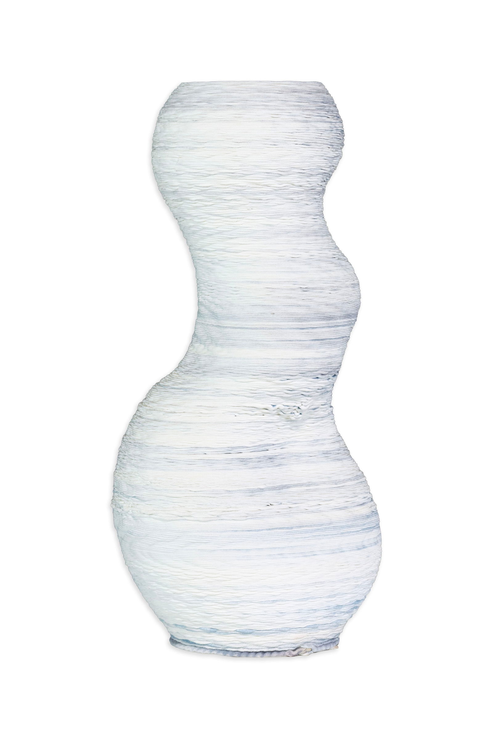 Cody Norman, Turbulence Vessel – Blue, 2021 Extruded Bioplastic: A contemporary sculpture made of extruded bioplastic titled “Turbulence Vessel – Blue (2021)” by Cody Norman. The composition features an organically contoured form defined by rhythmic undul