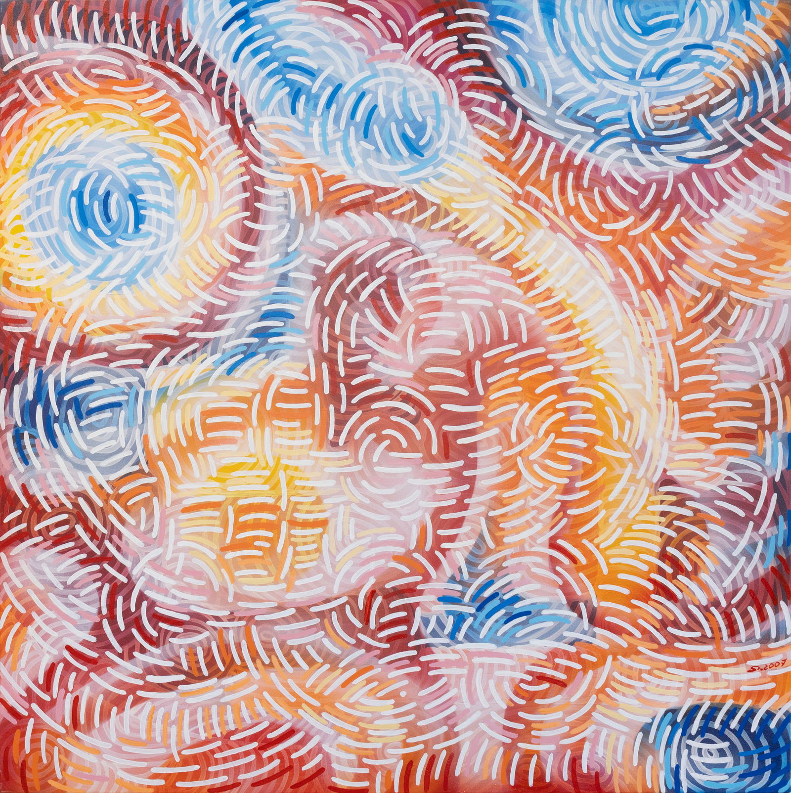 Danuta Siniarska, Sunset, 2007, Signed Acrylic on Canvas: A luminous abstract acrylic painting on canvas titled “Sunset (2007) by Danuta Siniarska. Signed and dated lower right. Dominant tones of red, orange, and yellow are interwoven with cooler blues and