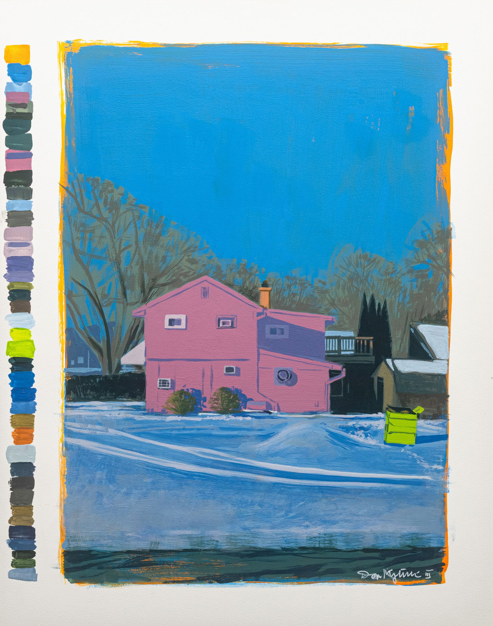 Don Kilpatrick III, Pink House, 2022, Signed Gouache on Gesso Board: A contemporary gouache on gesso board titled “Pink House (2022)” by Don Kilpatrick III. Hand signed on the lower right. This contemporary cityscape depicts a modest residential home rendered i