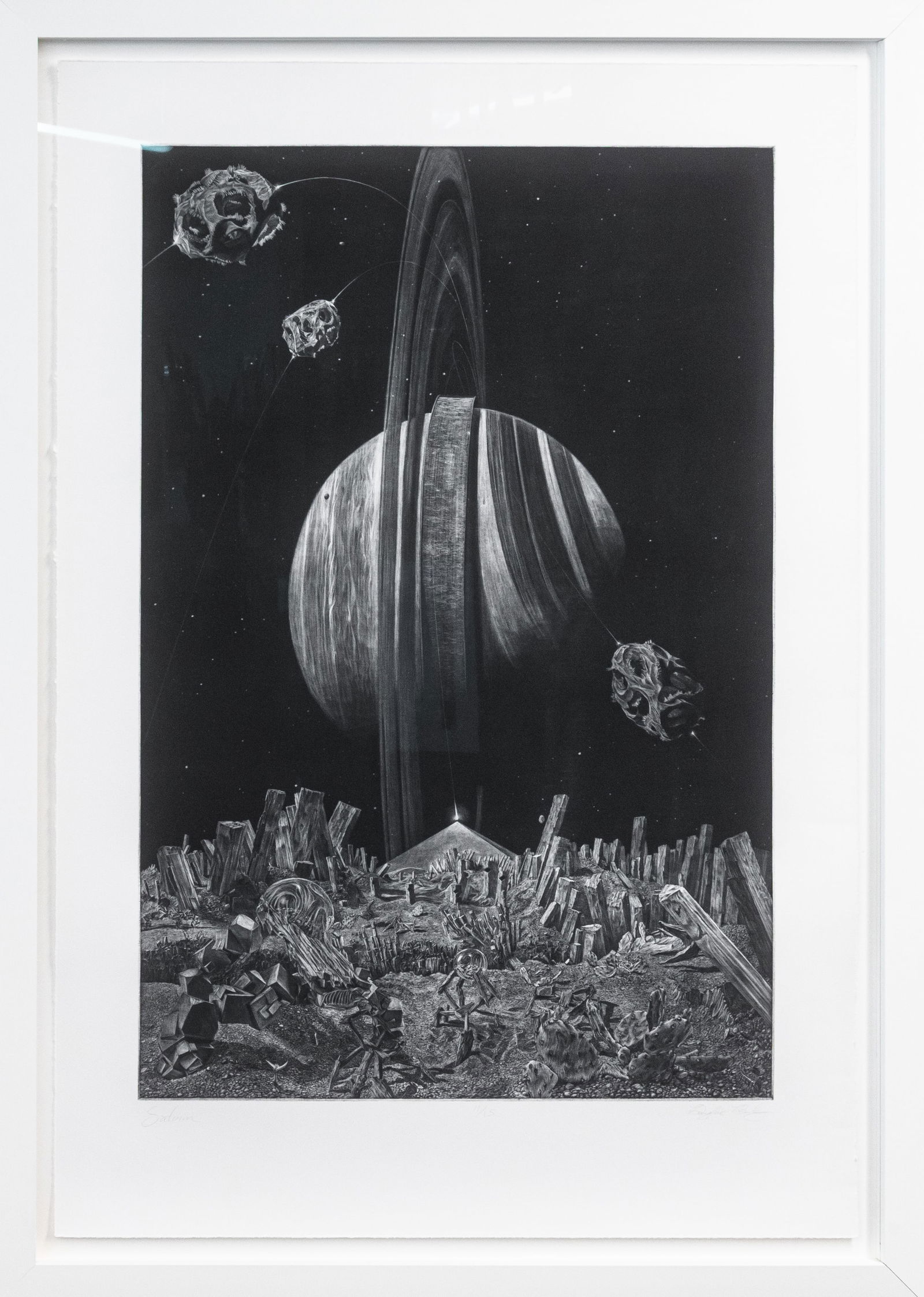 Douglas Bosley, Saturn, 2022, Signed Mezzotint on Paper: A mezzotint on paper titled “Saturn” by Douglas Bosley. Hand signed in pencil on the lower right. The composition depicts a dramatic celestial landscape centered on the ringed planet Saturn, r