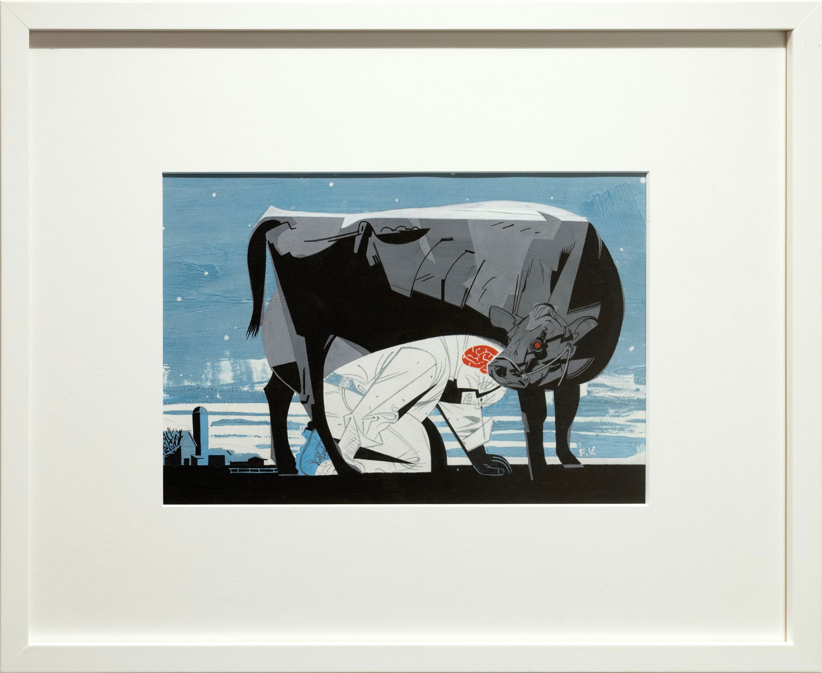 Francis Vallejo, Cows Cubist, 2017 Signed Acrylic and Ink on Paper: A contemporary acrylic and ink on paper titled “Cows Cubist (2017)” by Francis Vallejo. presents The composition juxtaposes sharp black contours with flattened planes of white and cool blu