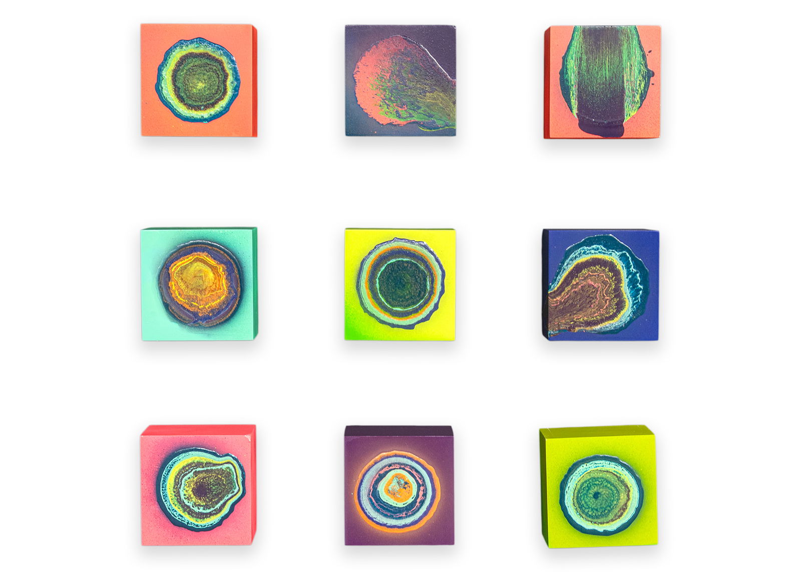 Katherine Craig, GEOS, 2015, Wood, Gesso, Poly Acrylic, Enamel: This vibrant multi-panel work titled “GEOS (2015)” by Katherine Craig consists of a grid of small square forms, each presenting a richly layered, geode-like composition. Constructed of wood an