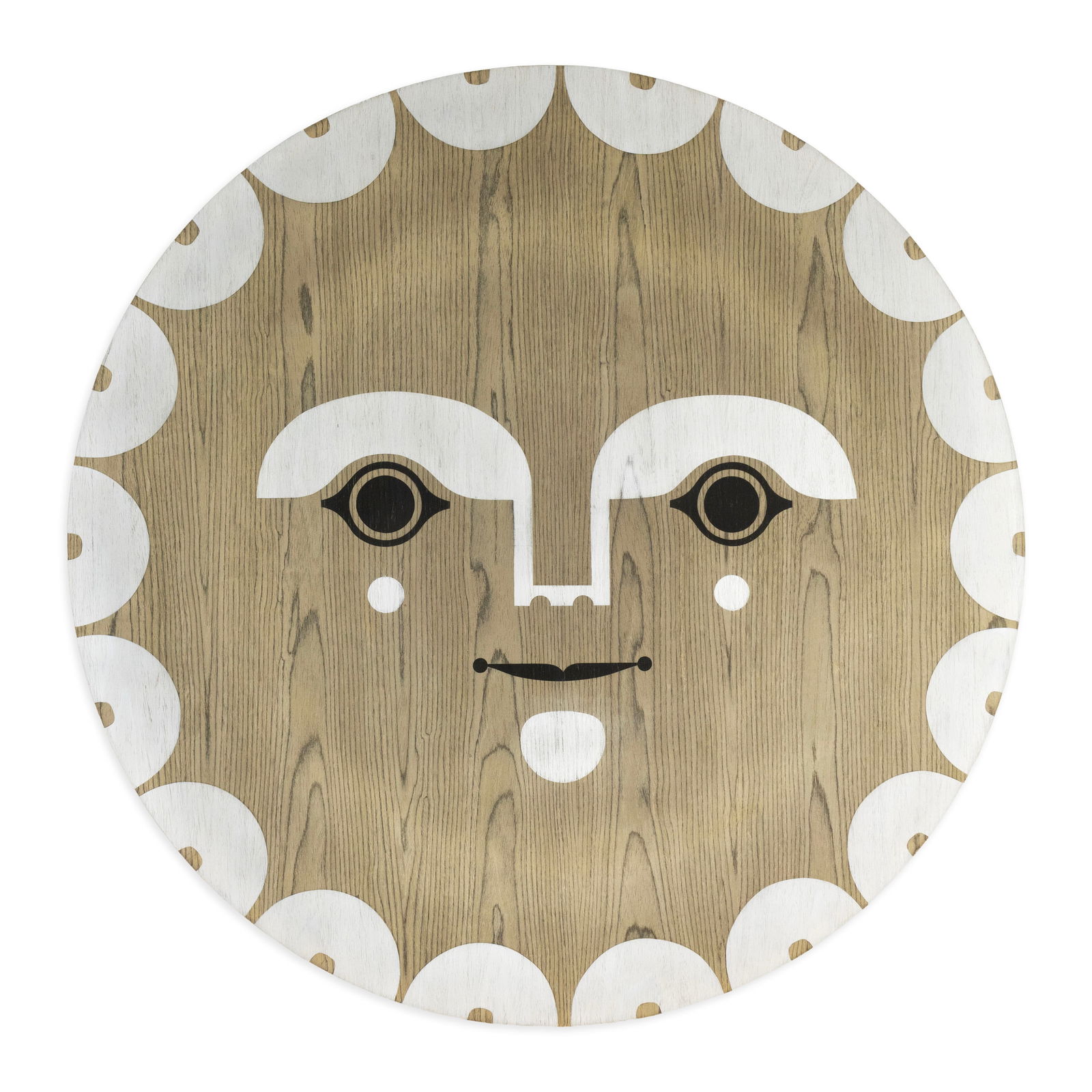 Matt Lebarre, Gugan, 2021, Enamel on Bent Plywood: This playful and graphic wall-mounted work titled “Gugan (2021)” by Matt LeBarre features a stylized face rendered on an oval bent plywood support. Executed in enamel, the composition combines