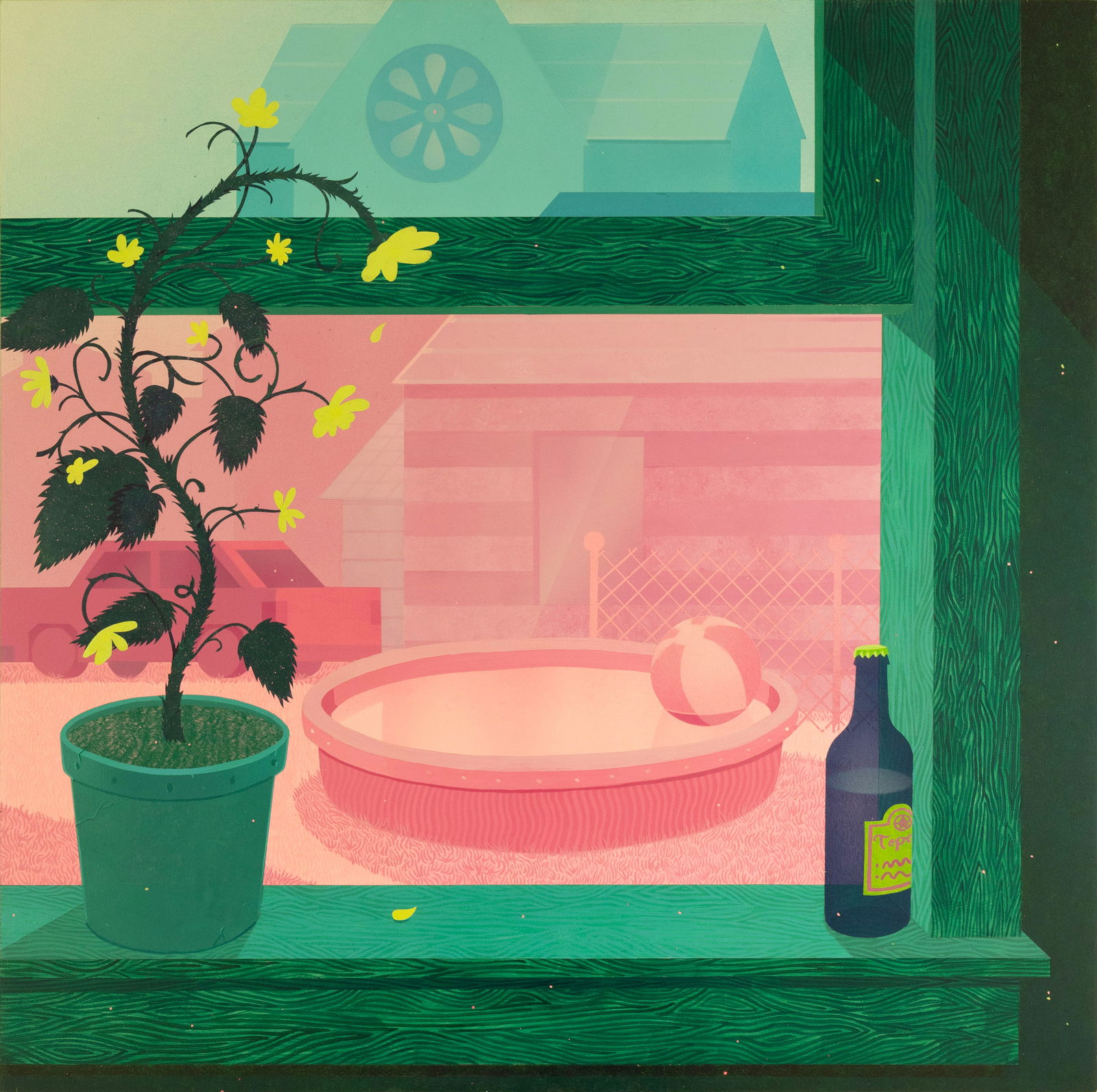 Michael Polakowski, I’ll Wait Here, 2021, Acrylic on Wood: This contemplative painting titled “I’ll Wait Here” by Michael Polakowski presents a quiet, layered view through a window-like frame, blending interior still life with an exterior domestic s