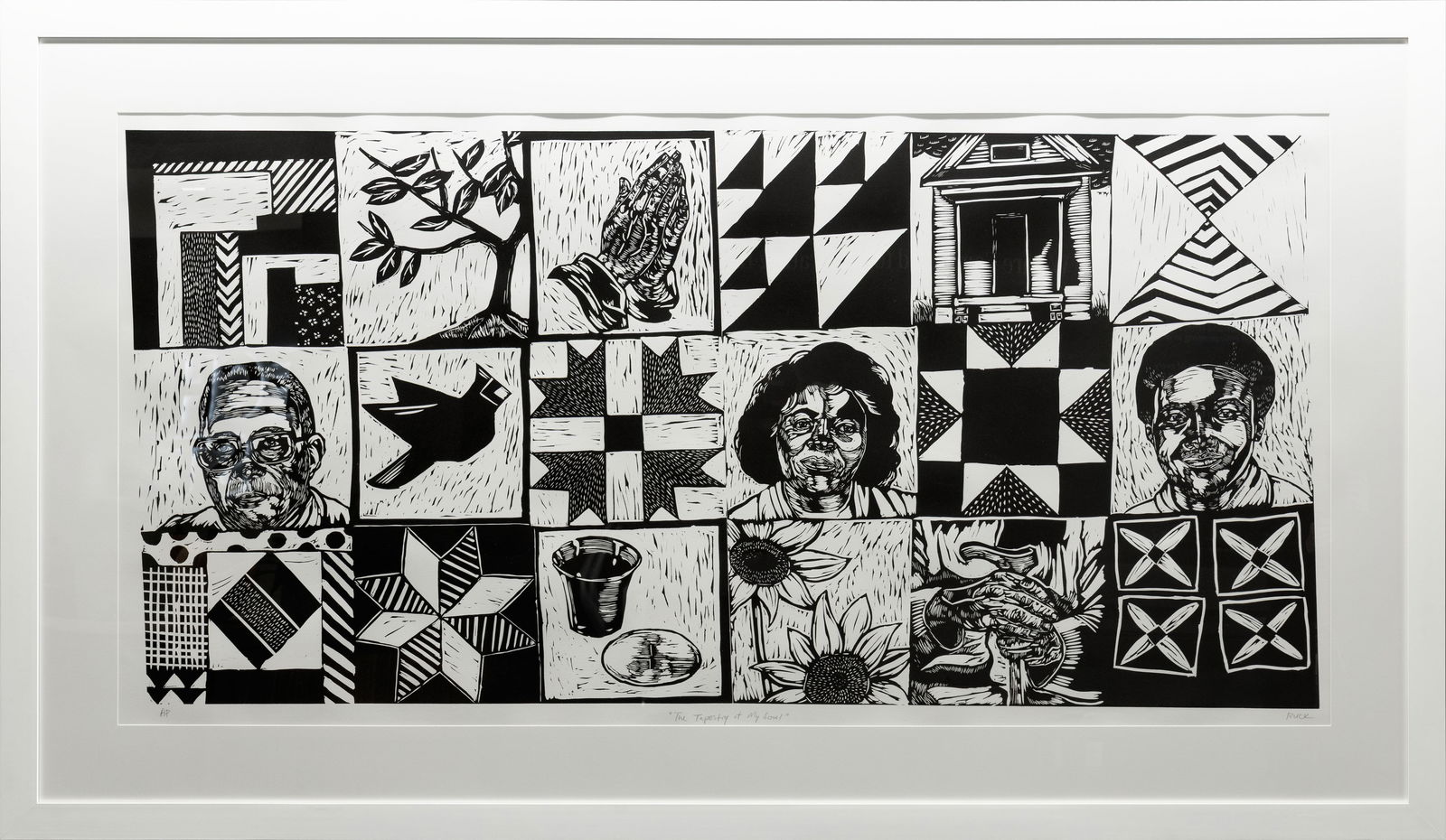 Rashaun Rucker, The Tapestry of My Soul, 2021, Linocut Print AP: This powerful linocut print titled “The Tapestry of My Soul” by Rashaun Rucker presents a grid-like composition of interconnected images that together form a visual narrative of identity, memo