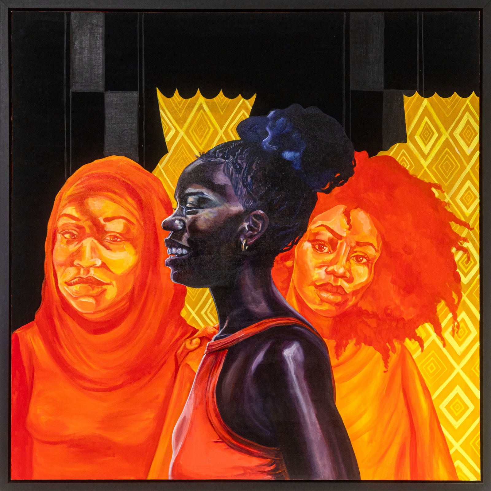 Sydney G. James, The More It Grows, 2021, Acrylic on Canvas: This powerful figurative painting titled “The More It Grows” by Sydney G. James presents three interconnected female figures rendered in radiant hues of orange, gold, and deep violet. The cent