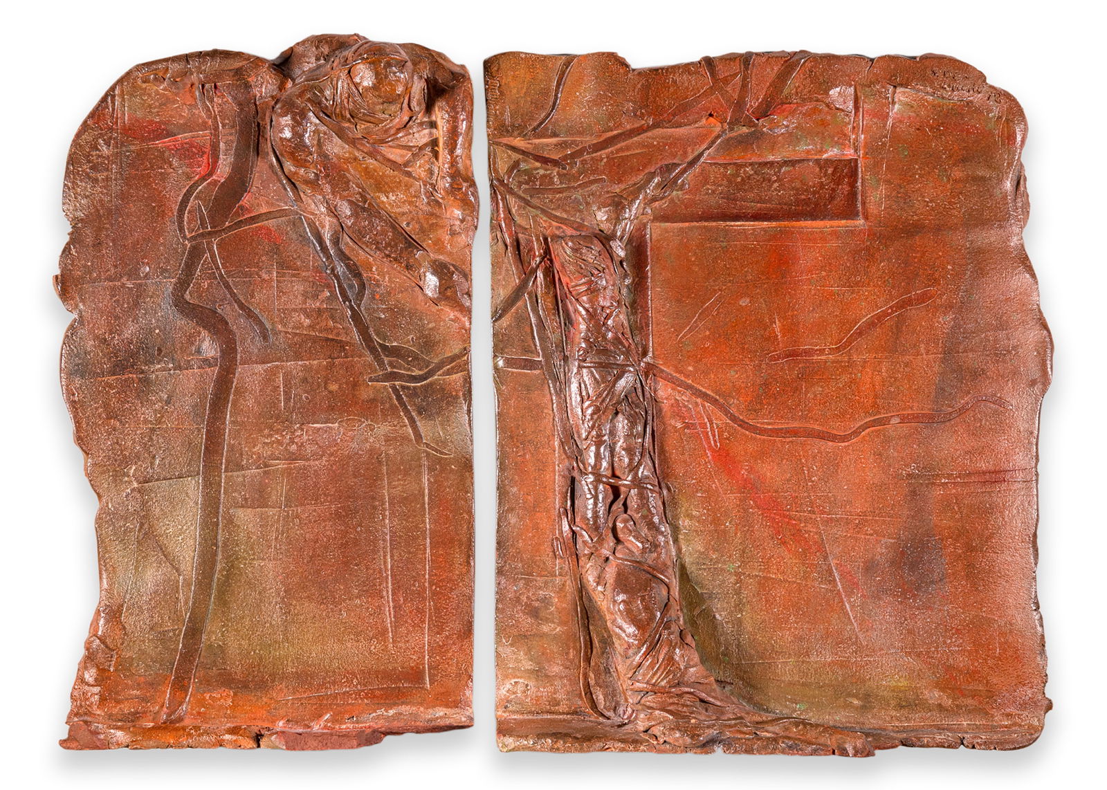 Sergio de Giusti Signed Modernist Biblical Painted Ceramic Diptych Sculpture: A modernist contemporary painted ceramic diptych sculpture by Detroit artist Sergio De Giusti. An abstract composition with religious and biblical depictions. Per the artist, "Working in relief sculpt