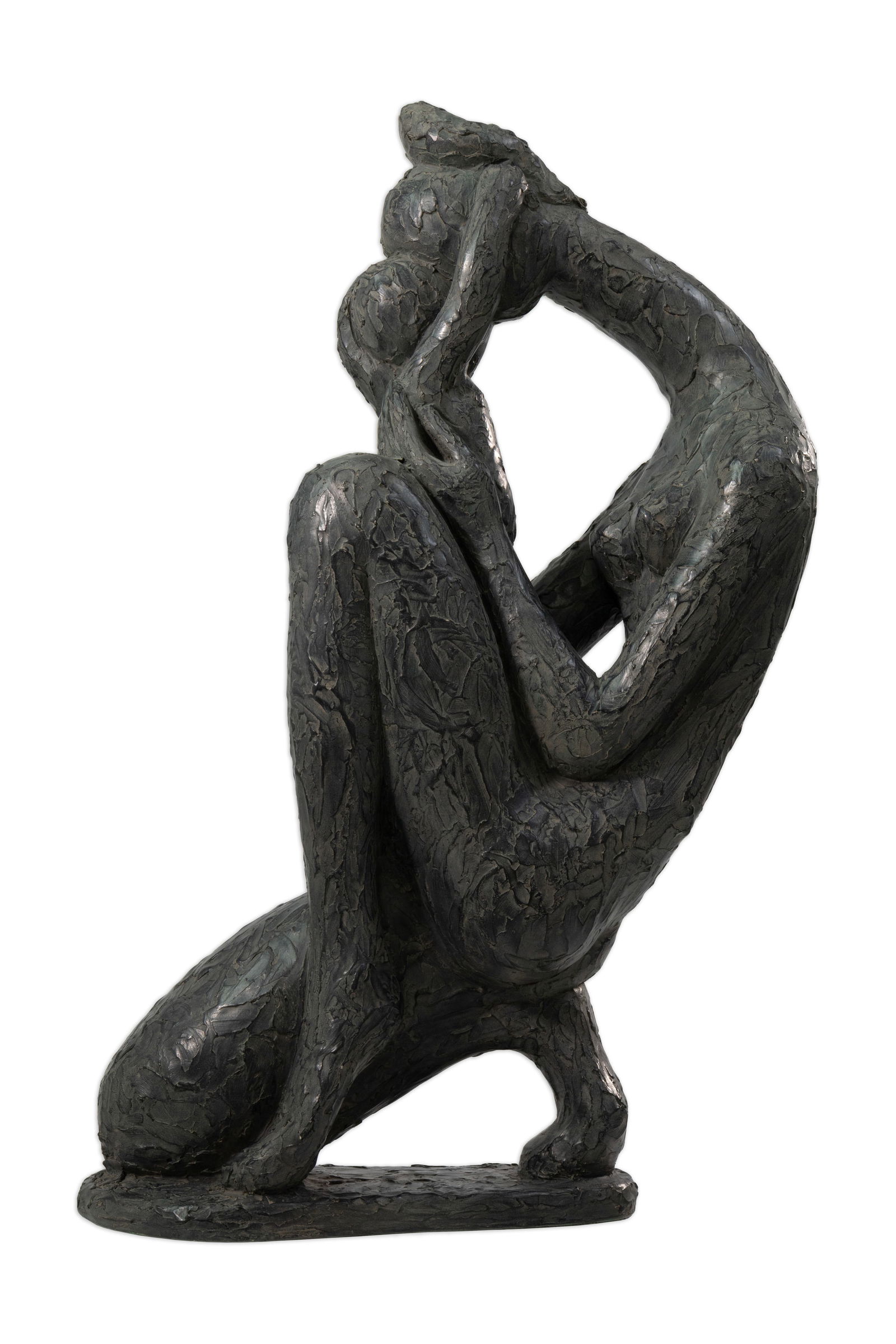 Manuel Carbonnel for Austin Productions First Kiss Modernist Plaster Sculpture c. 1970s: A figural sculpture titled “First Kiss”, produced by Austin Productions after a design by Manuel Carbonell, circa 1970s. The work depicts two elongated figures in an embracing pose, seated