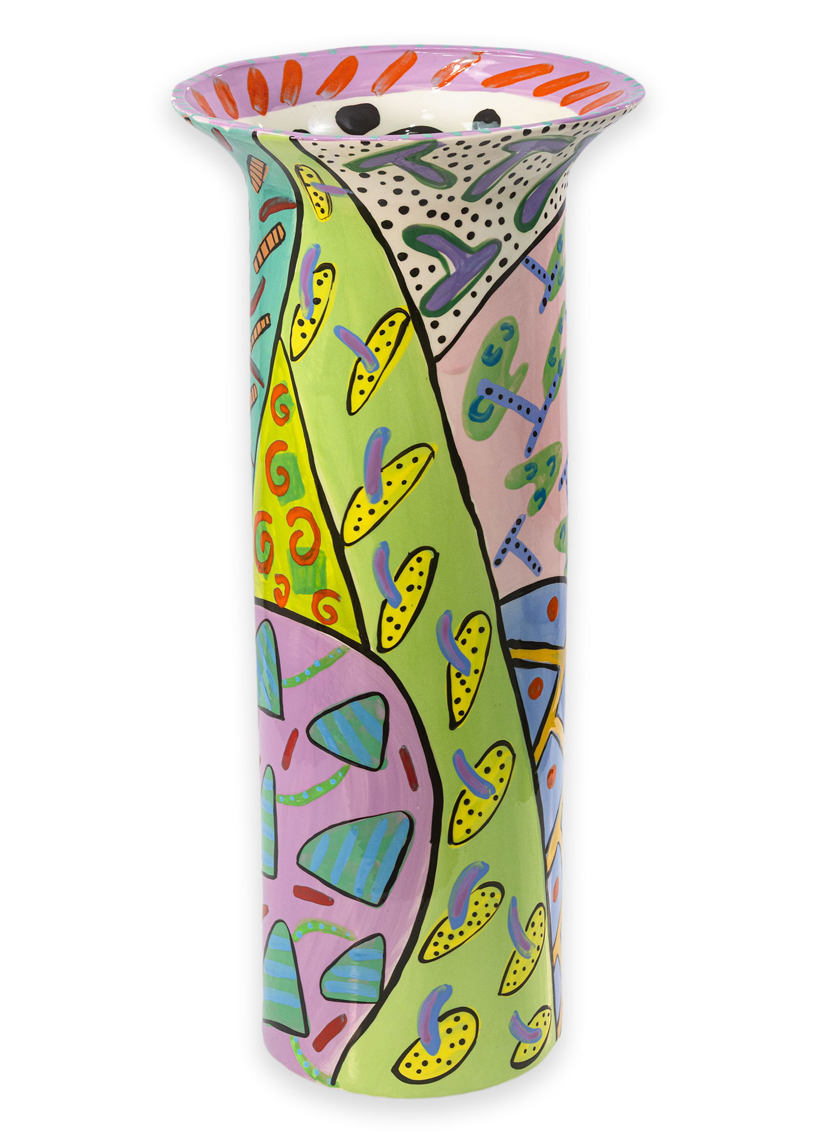 Wendy Ide Williams Ceramic Vase 1989 Signed Hand Painted Art Pottery Postmodern Memphis: A hand-painted ceramic vase by Wendy Ide Williams. Signed and dated 1989 on the underside. The vase features a flared rim and cylindrical form with a wide mouth. The surface is decorated in a postmode