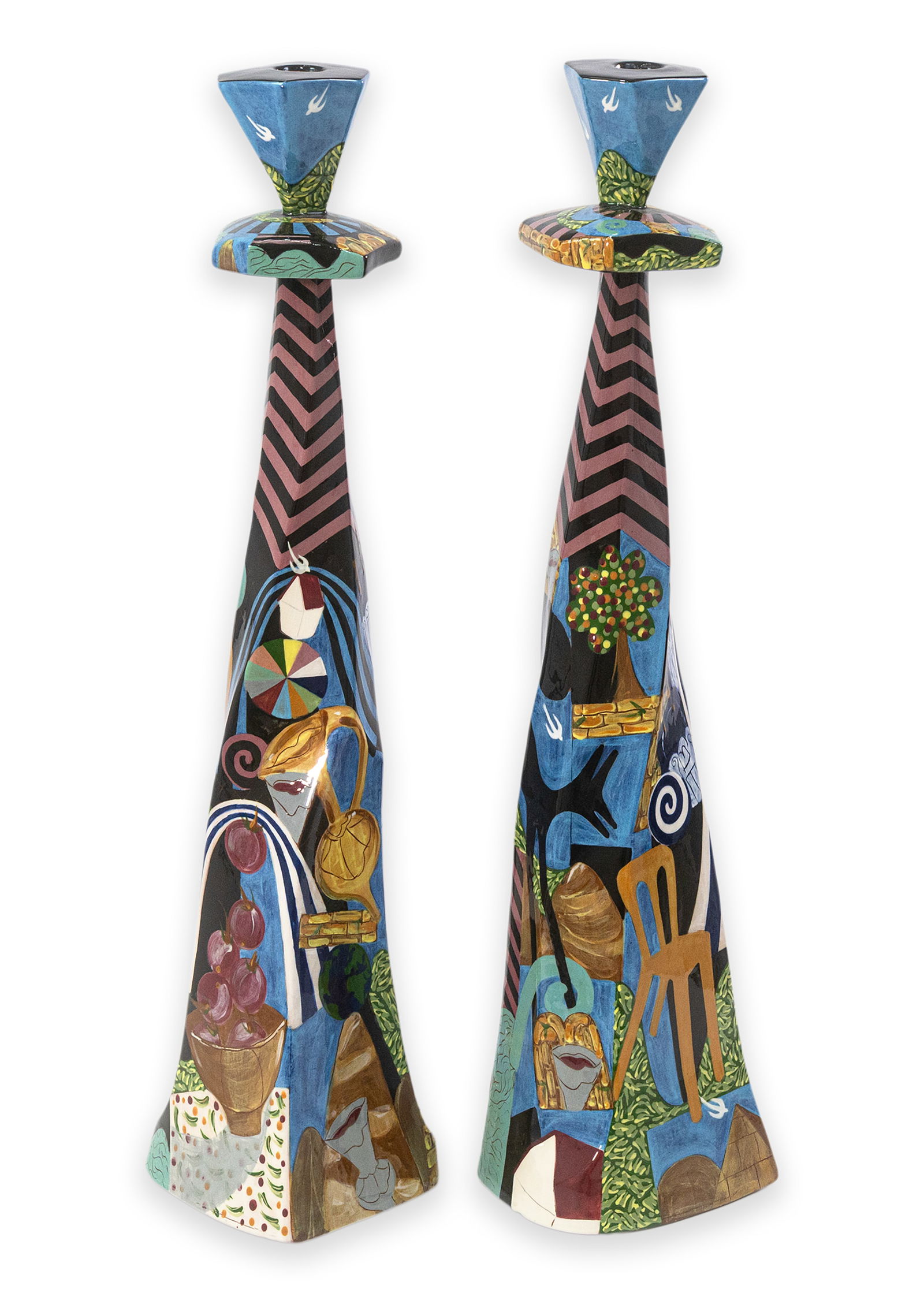Robert Lipnick Candlestick Holders 1994 Signed Hand Painted Art Pottery Postmodern Memphis (1 of 7)