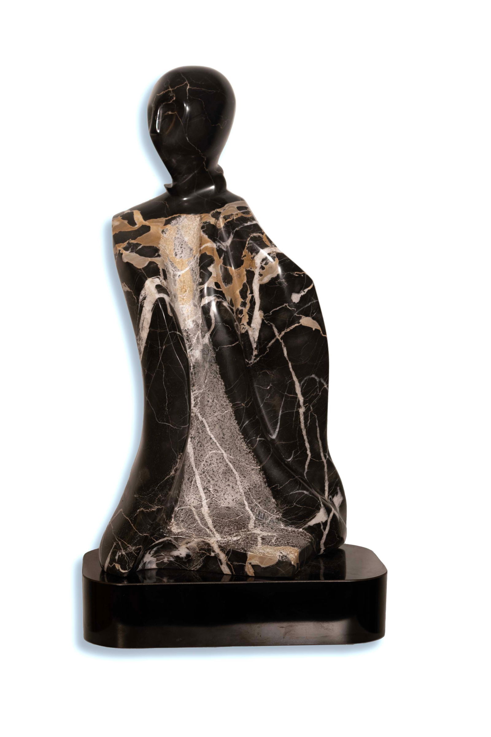 Contemporary Black Marble Abstract Figurative Sculpture on Base Signed Lora Ross: An elegant contemporary marble abstracted figurative sculpture on a base signed Lora Ross. A marvelous modern accent within a space. From a private collection; originally purchased from a gallery in P