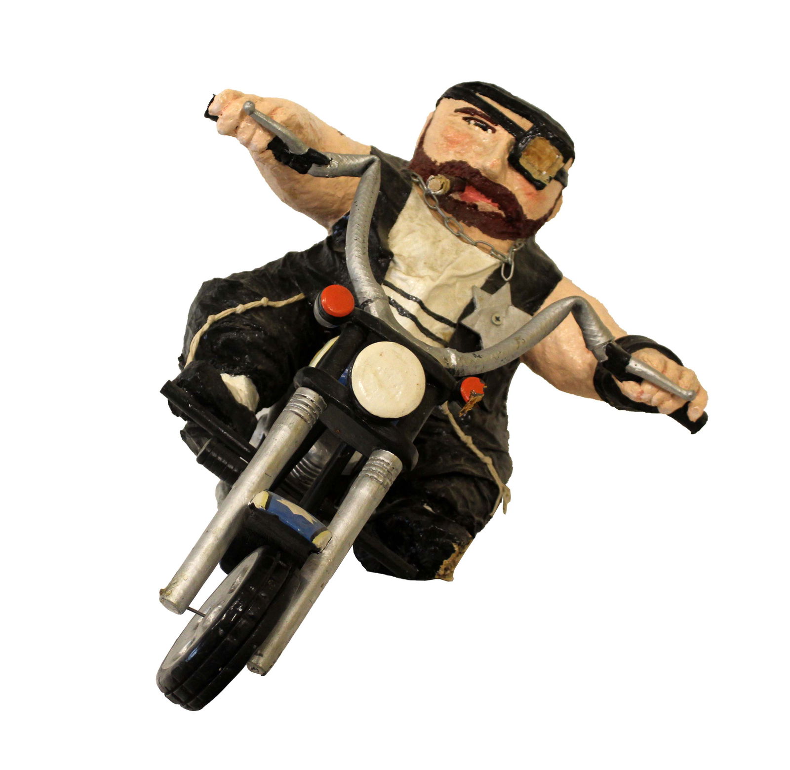 Mike Leaf, Harley Ben David Paper Mache Sculpture Contemporary Whimsical: Join in on a motorcycle ride that is certain to be the highlight of your day. Leaf's take on a "Jewish" Harley (ben) David(son) shows his whimsical personality. As the rider concentrates on the road a