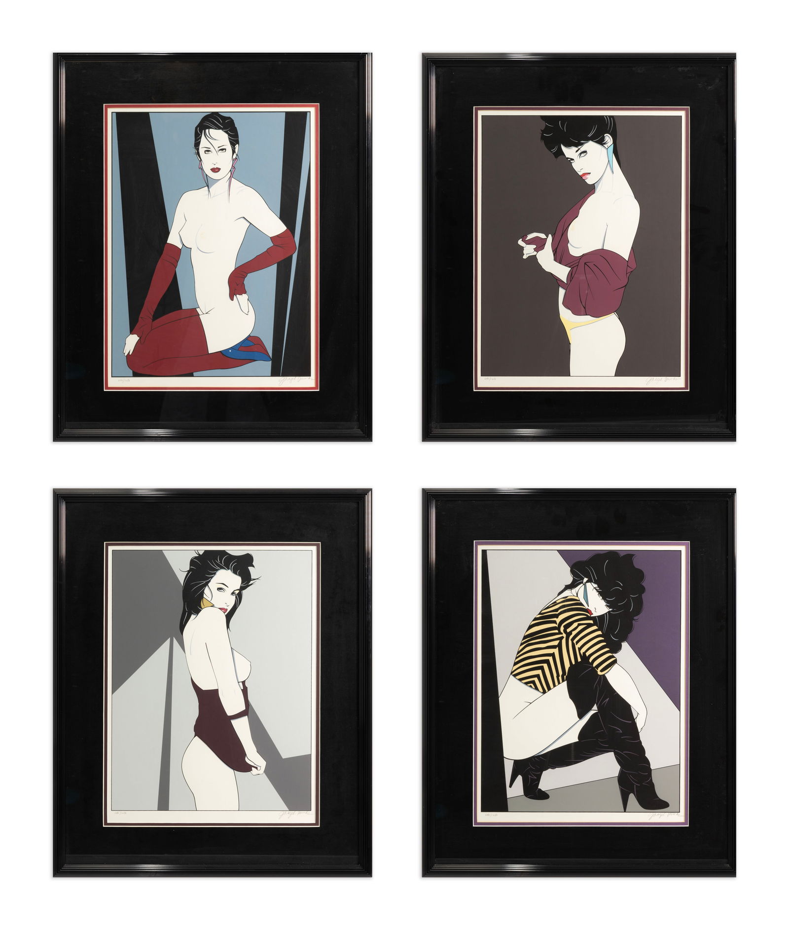 Patrick Nagel Playboy Portfolio II 1989 Set of Four Estate Authorized Serigraphs 640/1250: A set of four estate authorized serigraph prints from “Playboy Portfolio II” by Patrick Nagel, posthumously issued in 1989. Hand signed in pencil by Jennifer Dumas, Nagel’s widow, on