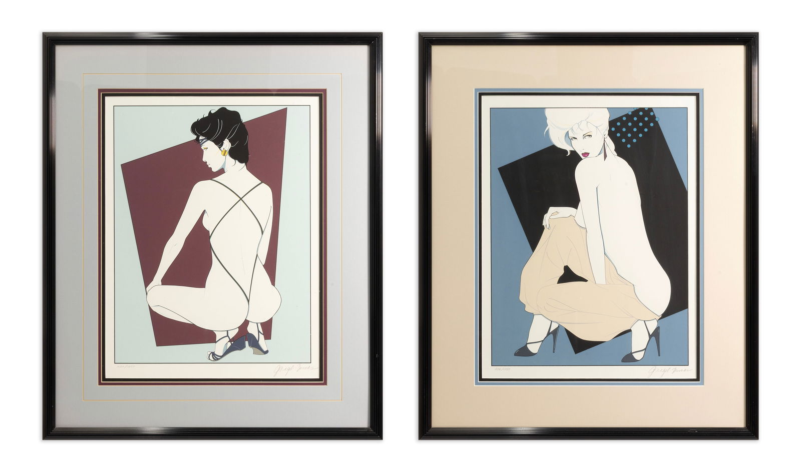 Patrick Nagel Playboy Portfolio I 1989 Set of Two Estate Authorized Serigraphs 1124/1250: A pair of estate authorized serigraph prints from “Playboy Portfolio I” by Patrick Nagel, posthumously issued in 1989. Hand signed in pencil by Jennifer Dumas, Nagel’s widow, on beha