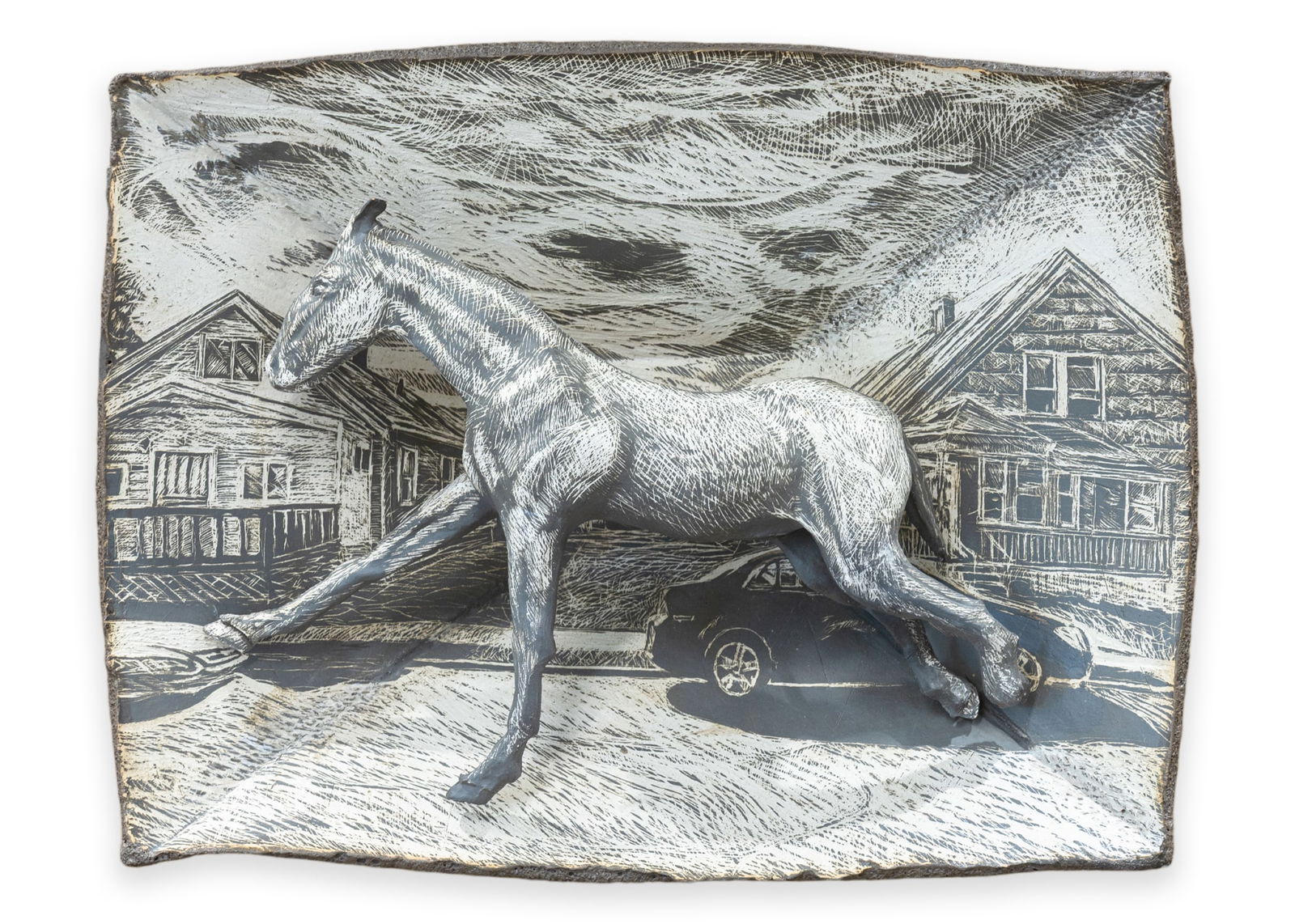 Andrew Krieger, Running Horse, 2019, Mixed Sculptural Ceramic Relief: A contemporary mixed sculptural ceramic relief titled “Running Horse (2019)” by Andrew Krieger. A fully modeled horse strides in dramatic motion across a hand-rendered streetscape, its three-d