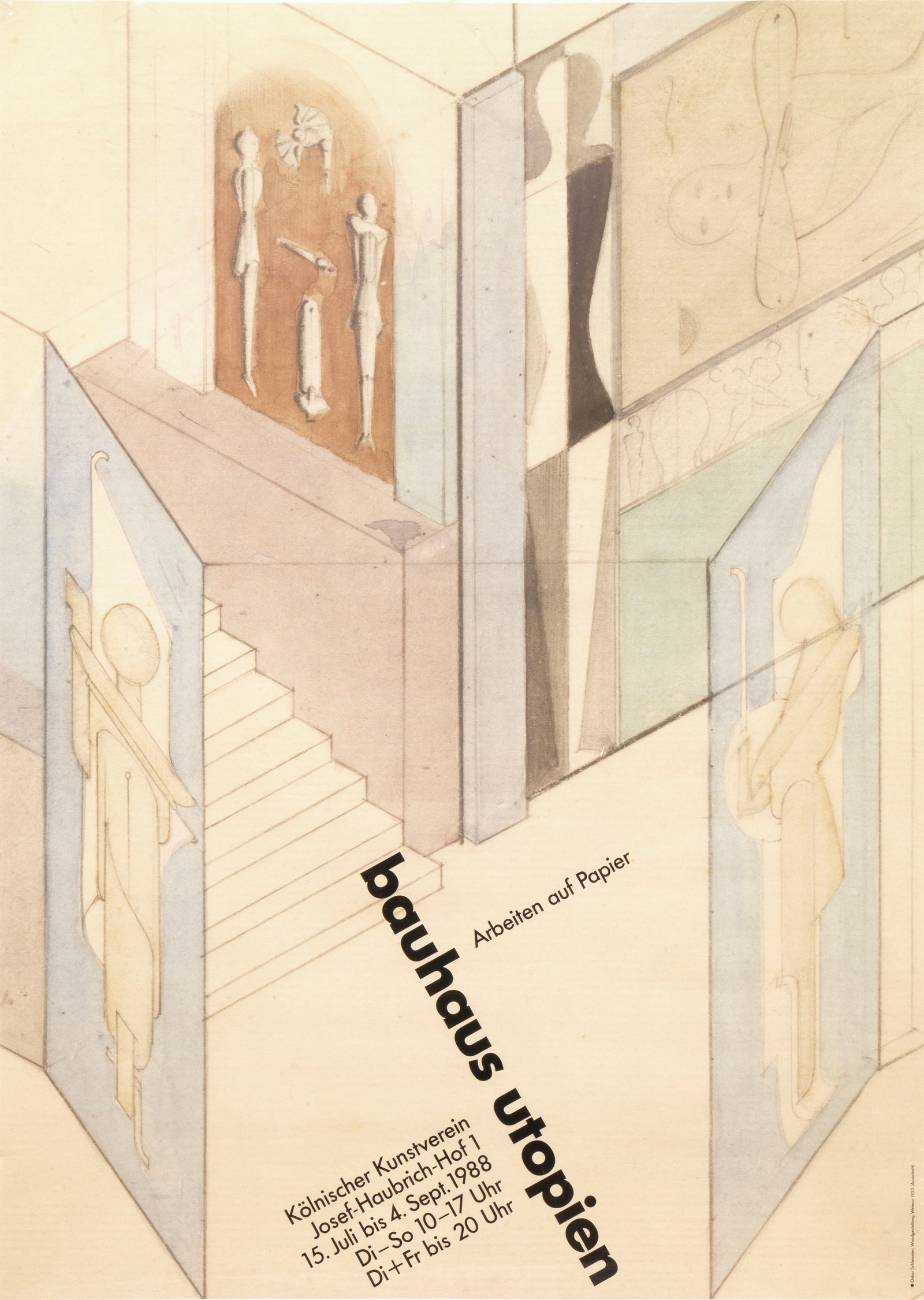 Oskar Schlemmer - Bauhaus Utopien Arbeiten auf Papier 1988 Architectural Sketches Lithograph Poster: A vintage lithographic exhibition poster titled “Bauhaus Utopien: Arbeiten auf Papier” (“Bauhaus Utopias: Works on Paper”), produced in 1988 for an exhibition at the Kölni