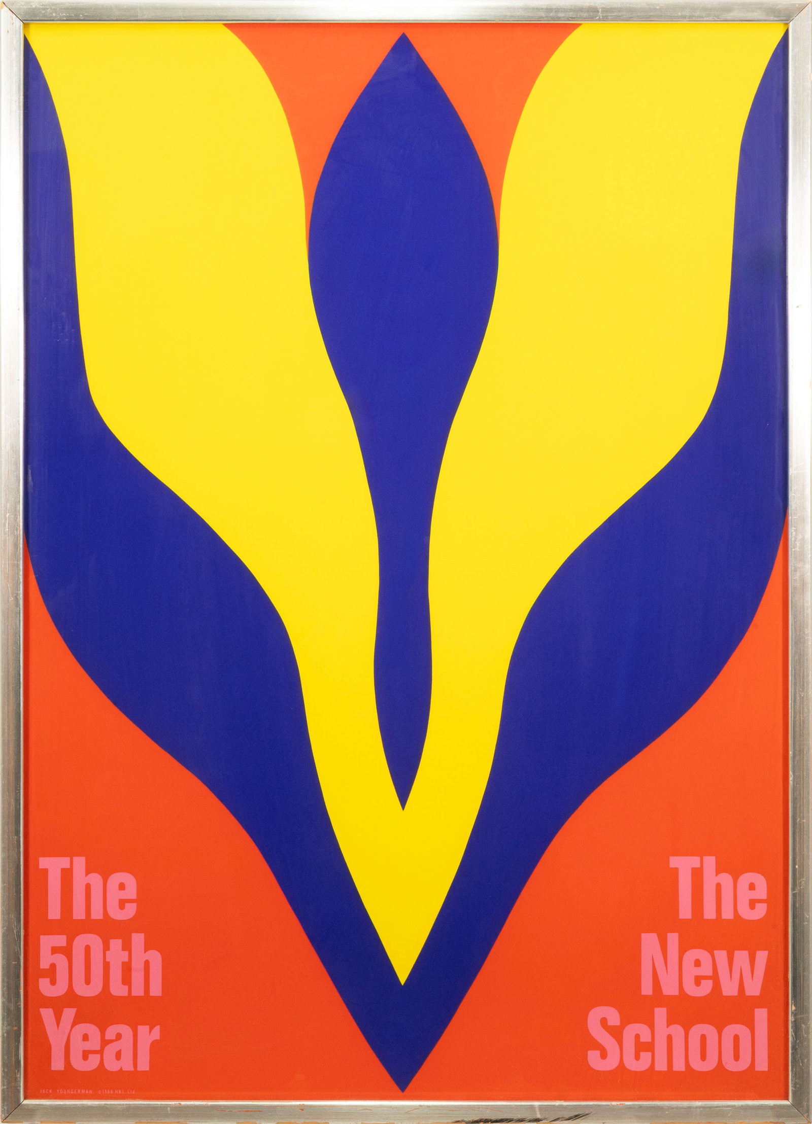 Jack Youngerman - The 50th Year The New School 1969 Lithographic Exhibition Poster Framed: A vintage lithographic exhibition poster designed by Jack Youngerman for “The 50th Year” celebration at The New School in 1969. The composition features bold abstract organic forms in satu