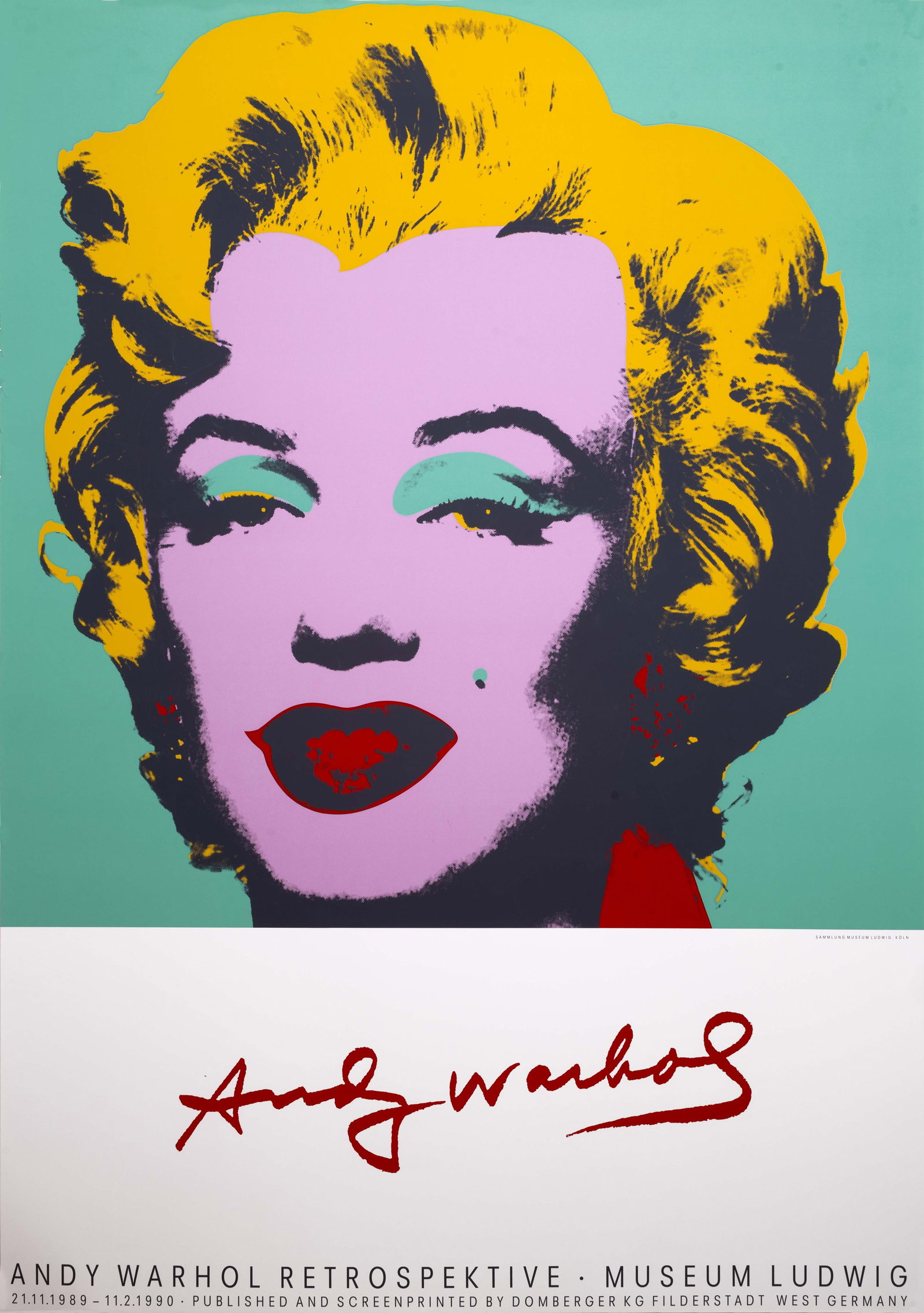 Andy Warhol - Marilyn Monroe Screenprint Retrospective Exhibition Ludwig Museum: A modern Pop Art screenprint poster featuring the Andy Warhol Retrospective Exhibition at the Ludwig Museum in Cologne. Hand printed silkscreen, 1990. Features the famous silkscreen painting “Ma