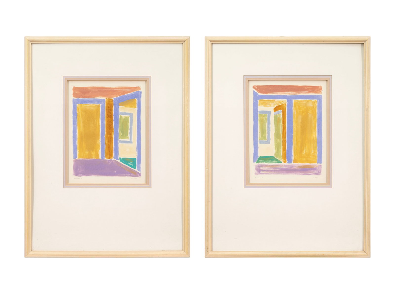 S. Firak for Harris Strong Studios - Passages I & II Signed Abstract Paintings Framed Modern Art: A pair of abstract paintings on paper titled “Passages I & II” by S. Firak for Harris Strong Studios. The compositions feature simplified architectural and geometric forms rendered in mute