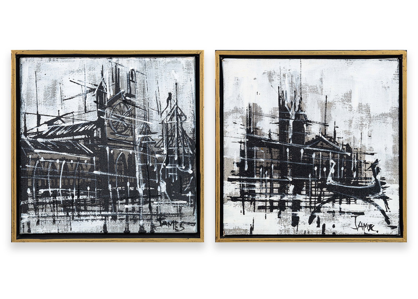 Brutalist Modern Paris & Venice Scenes Pair of Acrylic Paintings on Canvas 1970s: A pair of brutalist modern acrylic paintings on canvas signed James on the lower right. Circa 1970s. Minimalist black and white tones with energetic brushstrokes. The compositions depict iconic archit