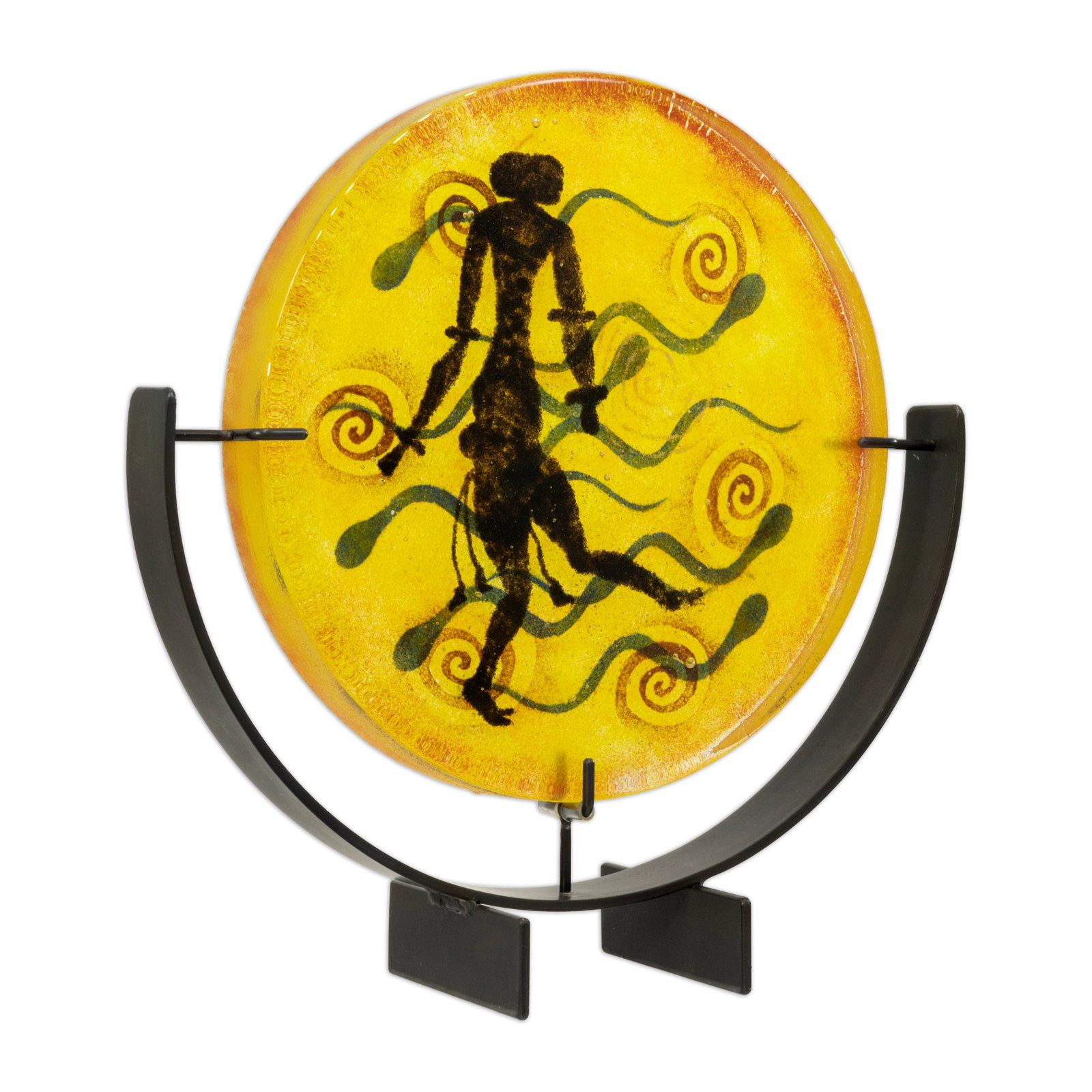 Henner Schroder - Cast Glass Charger Sculpture in Metal Stand, c. 1990s Modern Studio Art Glass (1 of 7)