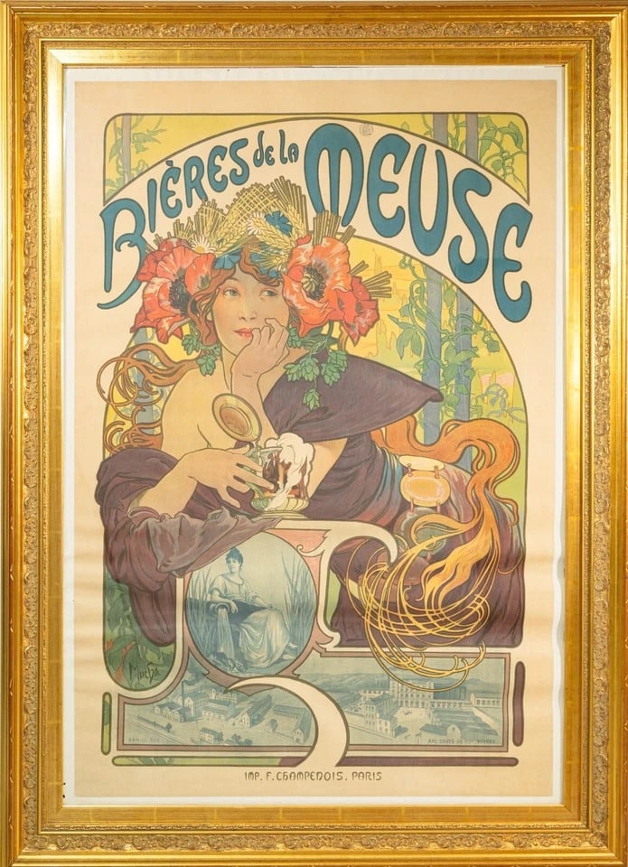Alphonse Mucha - Bières De La Meuse 1897 Art Nouveau Lithograph Imp. F. Champenois: An original color lithograph titled “Bières De La Meuse” Art Nouveau artist Alphonse Mucha. Printed in 1897, Imp. F. Champenois, Paris. “Republique Francaise” stamp markin