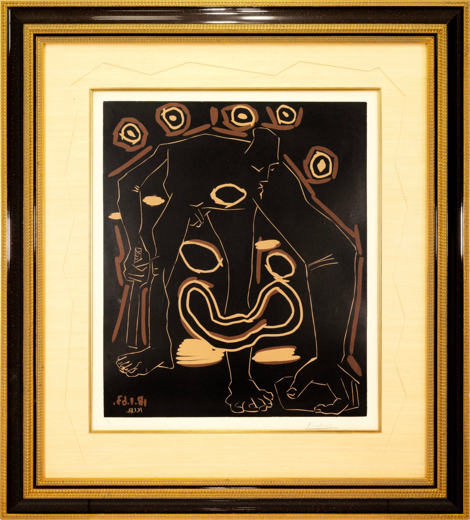 Pablo Picasso - L'Homme au Baton (Man with a Stick) 1963 Signed Linocut in Colors Paper 13/50 Framed: A modern linocut in colors on Arches paper titled “L’Homme au Baton (Man with a Stick)” by Pablo Picasso. Hand signed in pencil on the lower right with an annotation of 13/50 on the lower le