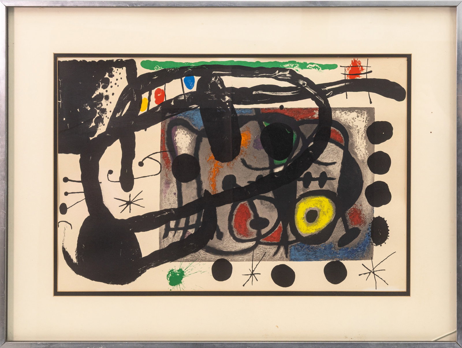 Joan Miro - Peintures sur Cartons (Composition IX) 1965 Derriere le Miroir Lithograph Framed: A color lithograph titled “Peintures sur Cartons (Composition IX)” by Joan Miro. From the “Derriere le Miroir” series, published by Maeght in 1965. Reference; Cramer 102. The c