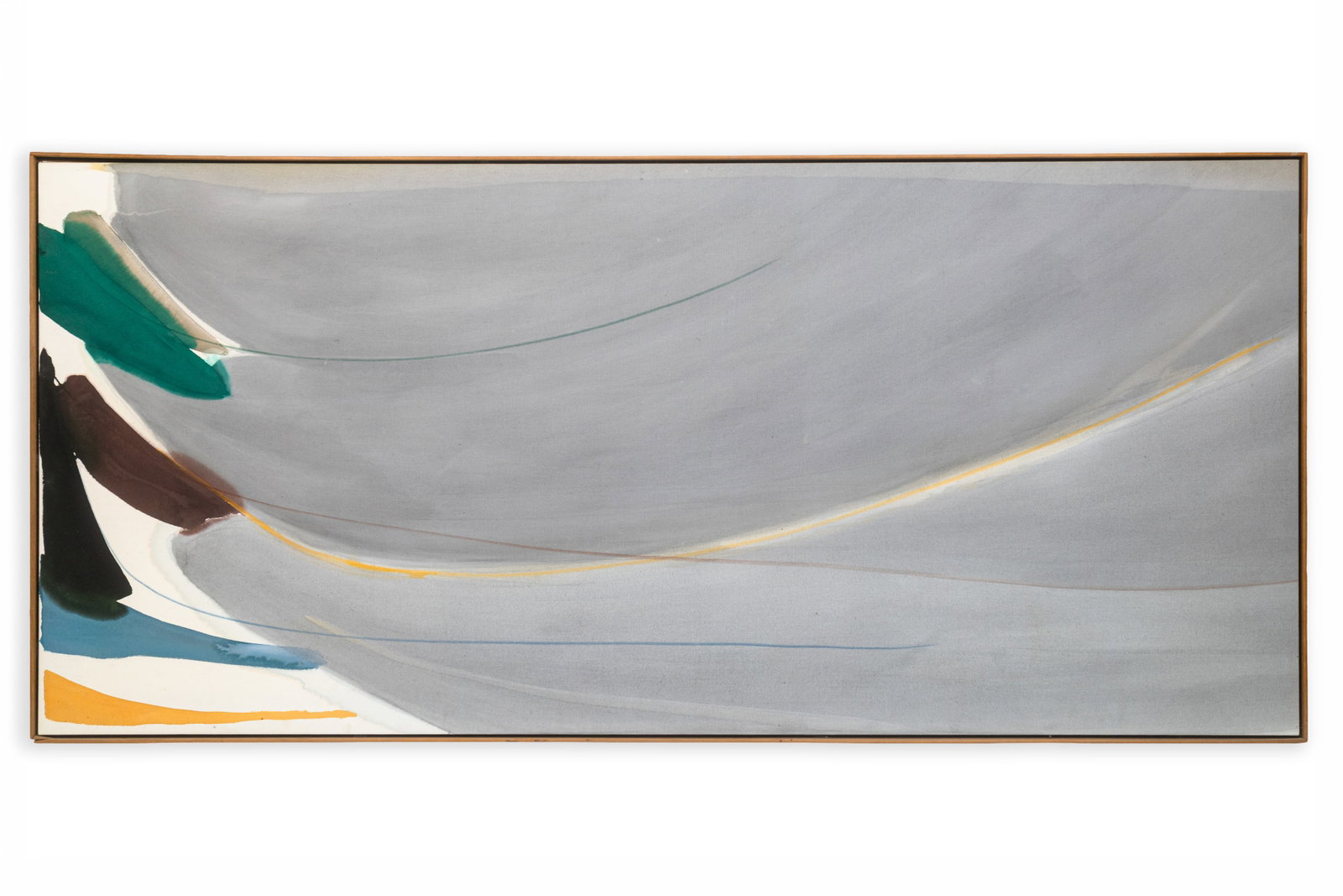 Larry Zox - Grey Swell 1976 Signed Acrylic on Canvas Modern Abstract Minimalism Painting: A refined example of Larry Zox’s lyrical late abstraction, “Grey Swell (1976)” embodies the artist’s signature balance of color, movement, and spatial tension. The reverse reta