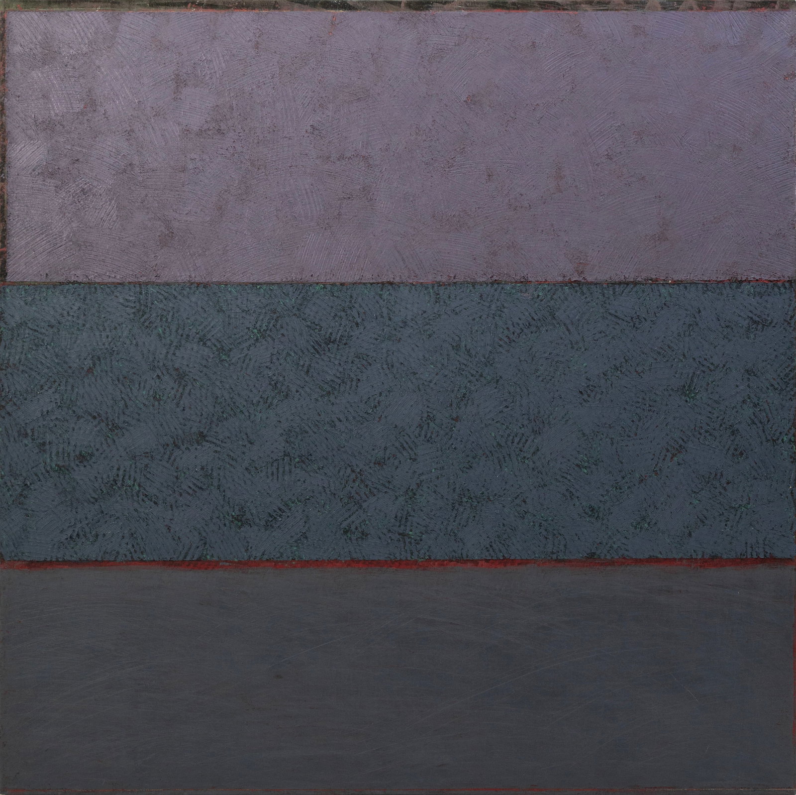 Alan Green - Grey and Violet Over Red, 1989 Signed Oil on Canvas Abstract Minimalism Painting: A minimalist oil on canvas titled “Grey and Violet Over Red (1989)” by British artist Alan Green. Signed, dated, and titled on the verso. The painting retains labels from Donald Morris Gal