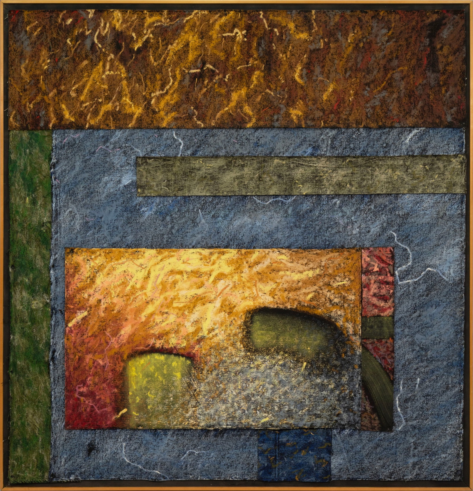 Nanette Carter - Segments Of Time 1992 Oil Stick On Canvas Abstract Collage Framed: An abstract composition titled "Segments of Time" (1992) by Nanette Carter. Structured through layered rectangular fields, combining textured passages of oil stick with collage-like blocks of color. A
