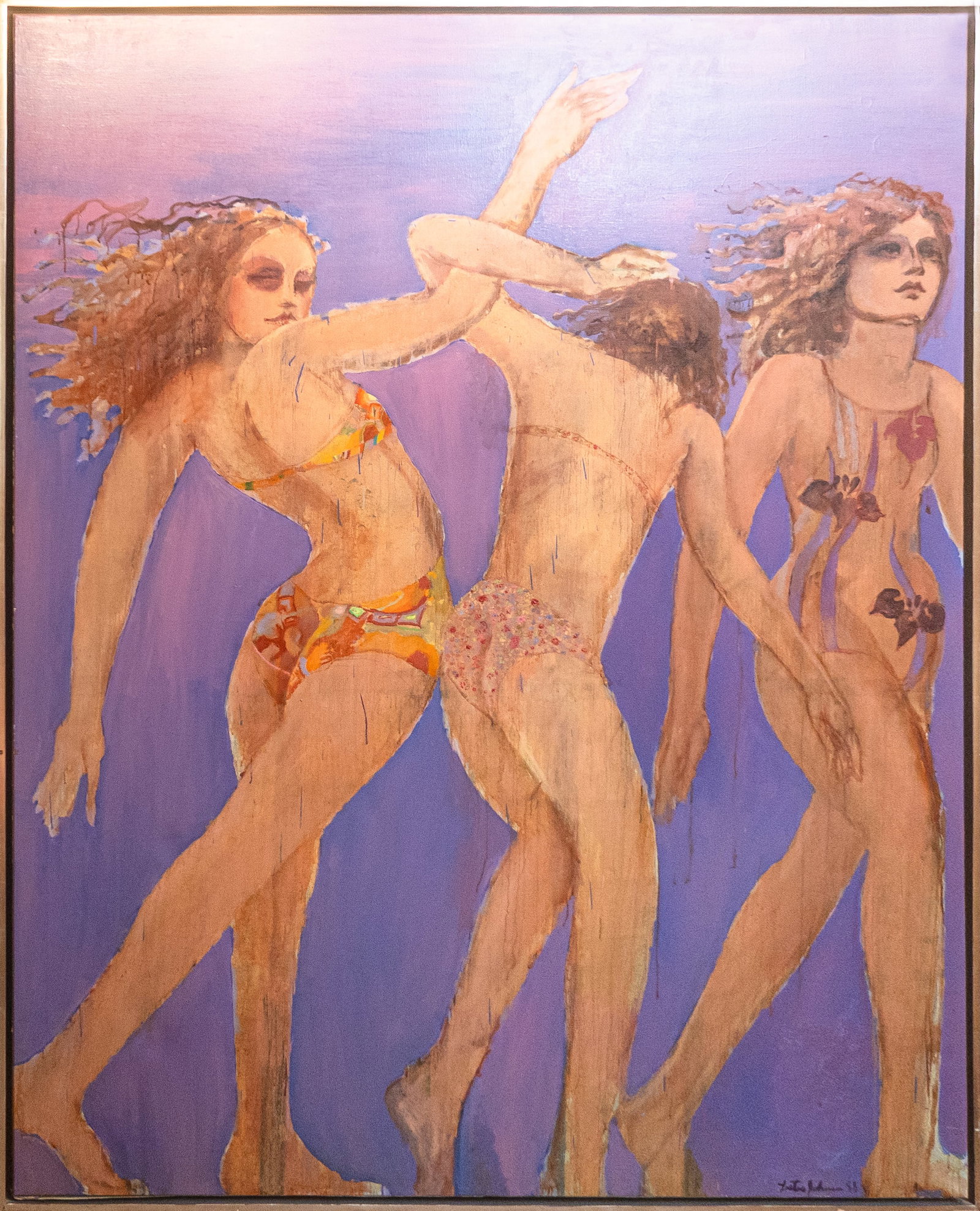 Lester Johnson - Twilight Bathers 1988 Signed Oil Painting on Canvas American Figurative Art: An expressive oil on canvas titled “Twilight Bathers (1988)” by acclaimed American painter Lester Johnson. Signed and dated on the lower right. The reverse retains a James Goodman Gallery 