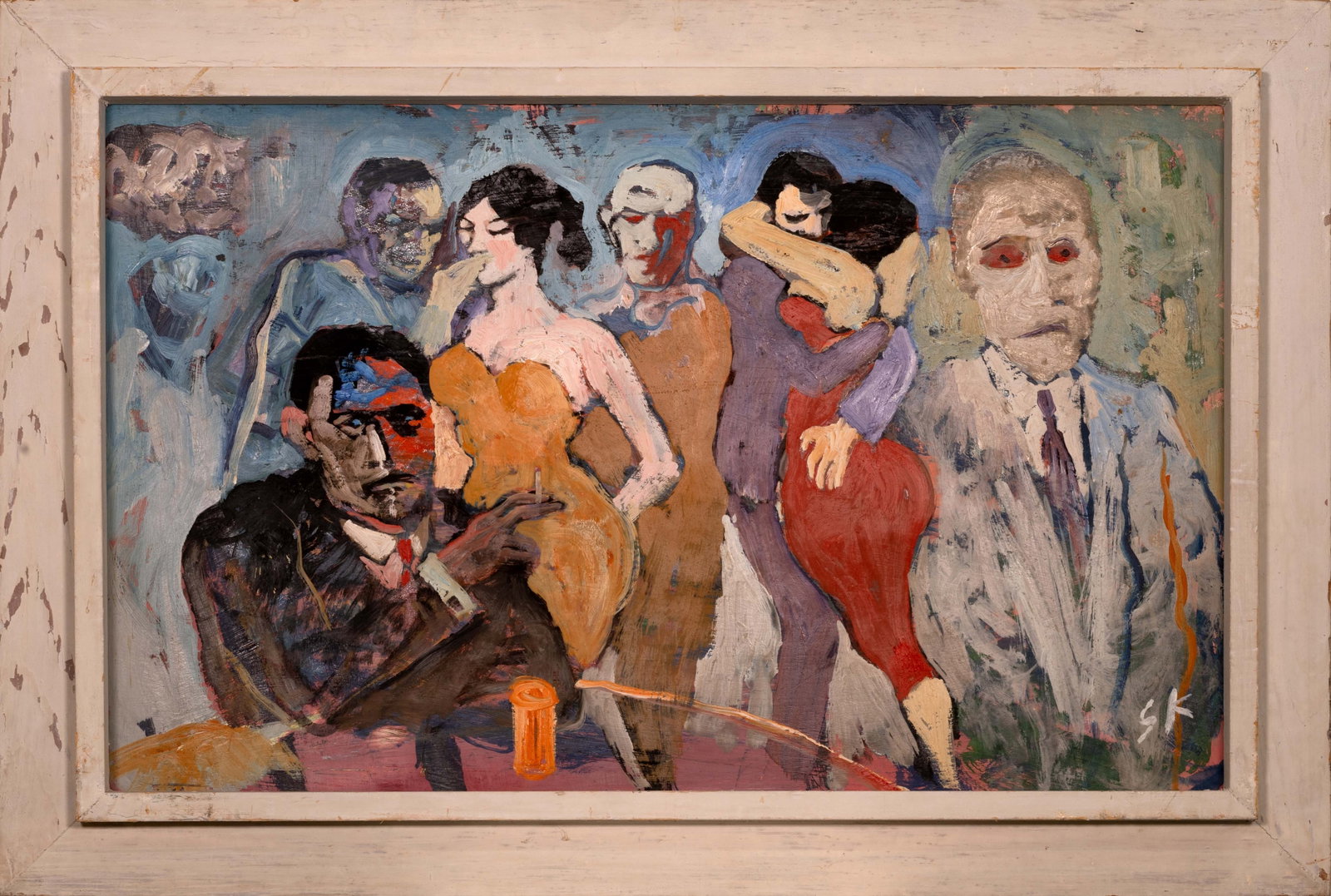 Sam Karras, Untitled (Dancing Figures) Signed Modern Impressionist Painting: A modern Impressionist acrylic painting on board Untitled (Dancing Figures) by Michigan artist Sam Karras. Signed by the artist lower right corner. Circa 1960s. His art has been described: the bold co