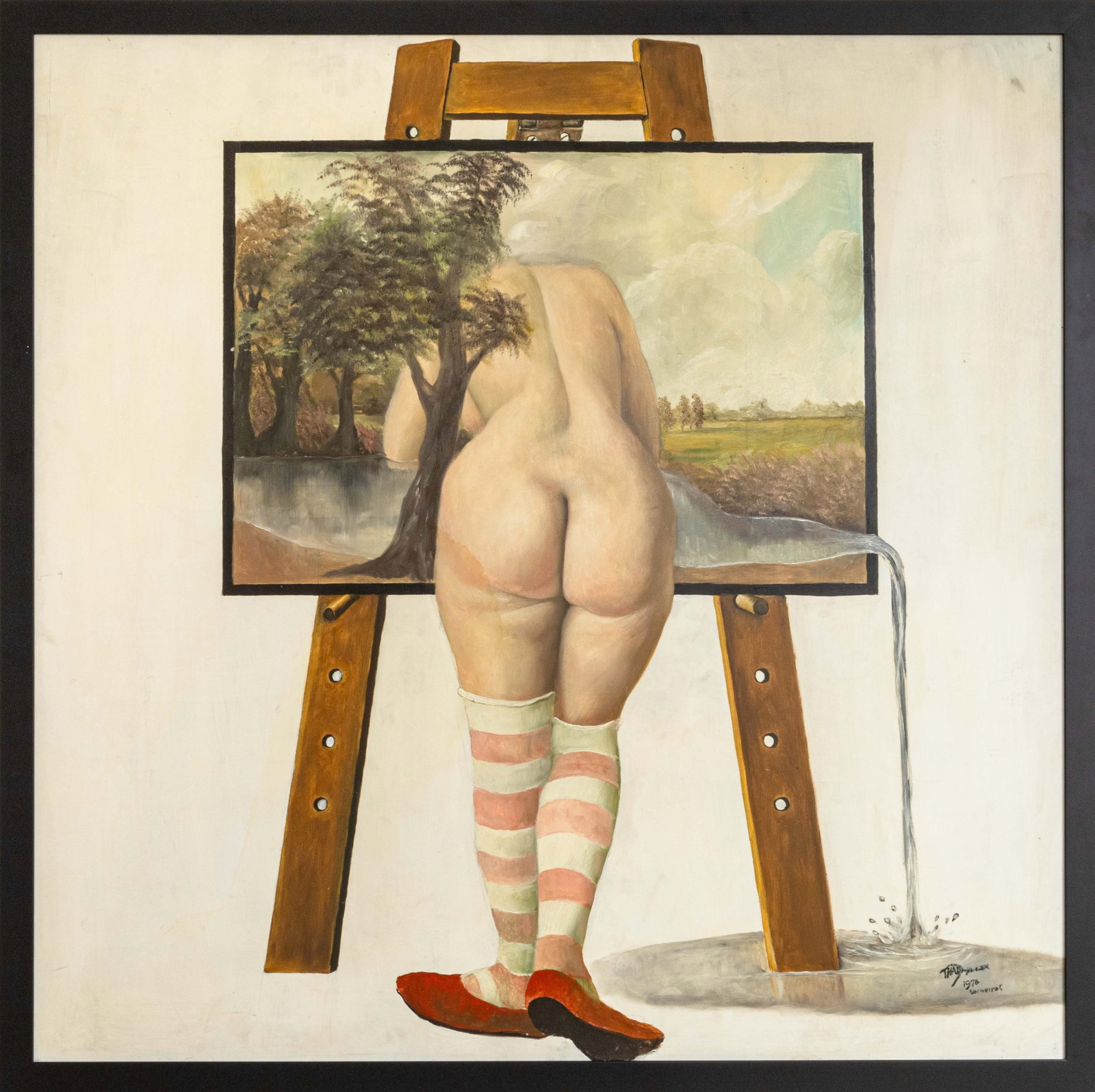 Thad Miller - Nude at Easel Signed Modern Oil Painting Somerset Series 1978 Framed: A modern oil painting on board by American artist Thad Miller (1933-1986). Signed and noted "Somerset 1978" on the bottom right corner. An intriguing and surreal artwork featuring a nude woman bending