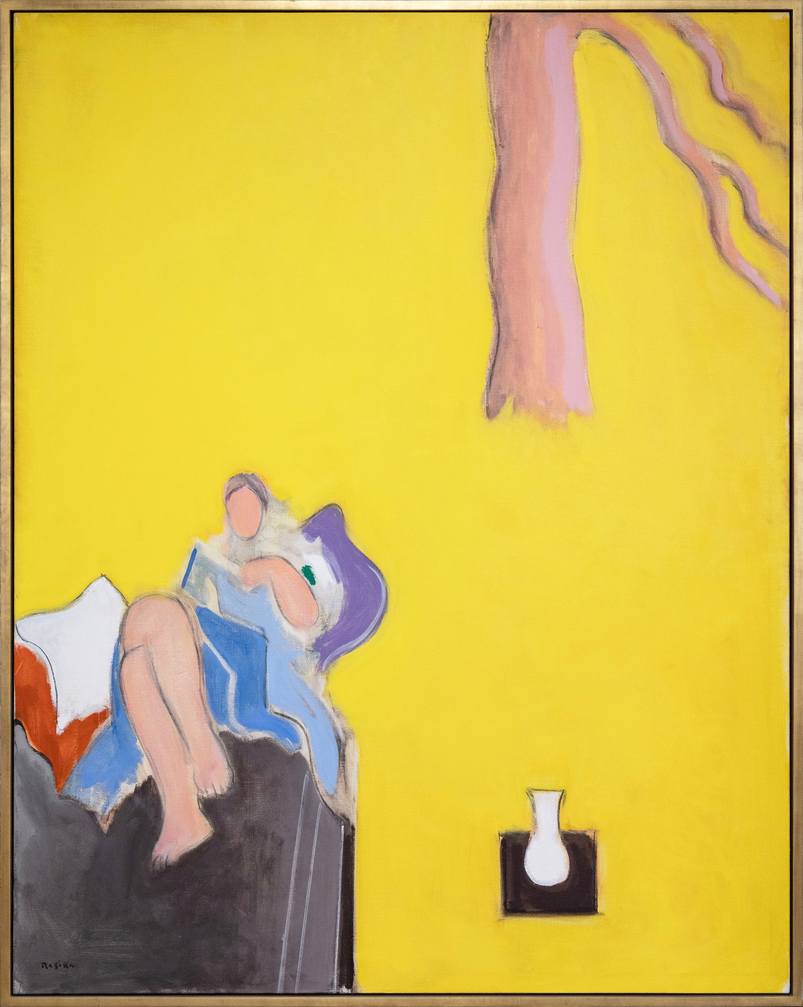 Paul Resika - Reading-Yellow I 2002 Signed Oil on Canvas Abstract Figurative Minimalism Painting: An abstract figurative oil on canvas titled “Reading-Yellow I” by Paul Resika. Signed on the lower left as well as on the verso with corresponding Salander-O’Reilly Galleries, New York, gall