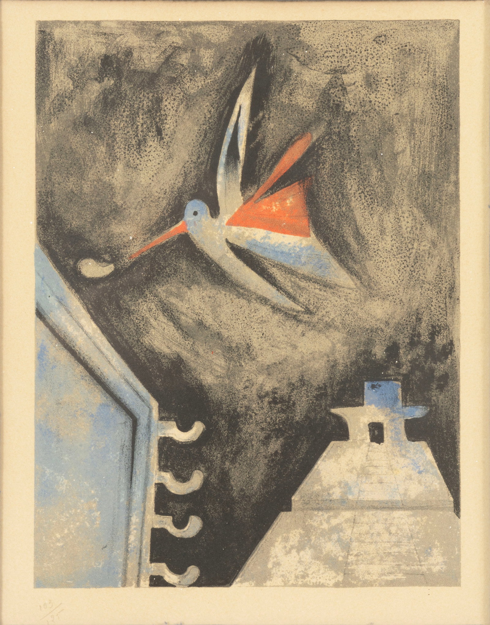Rufino Tamayo - Mensajes (Messages) 1952 Lithograph in Colors on Paper 103/125 Framed: An original lithograph in colors on paper titled “Mensajes (Messages)” by Rufino Tamayo. Annotated 103/125 on the lower left. Published in 1952. From the portfolio Aztlán, sueños