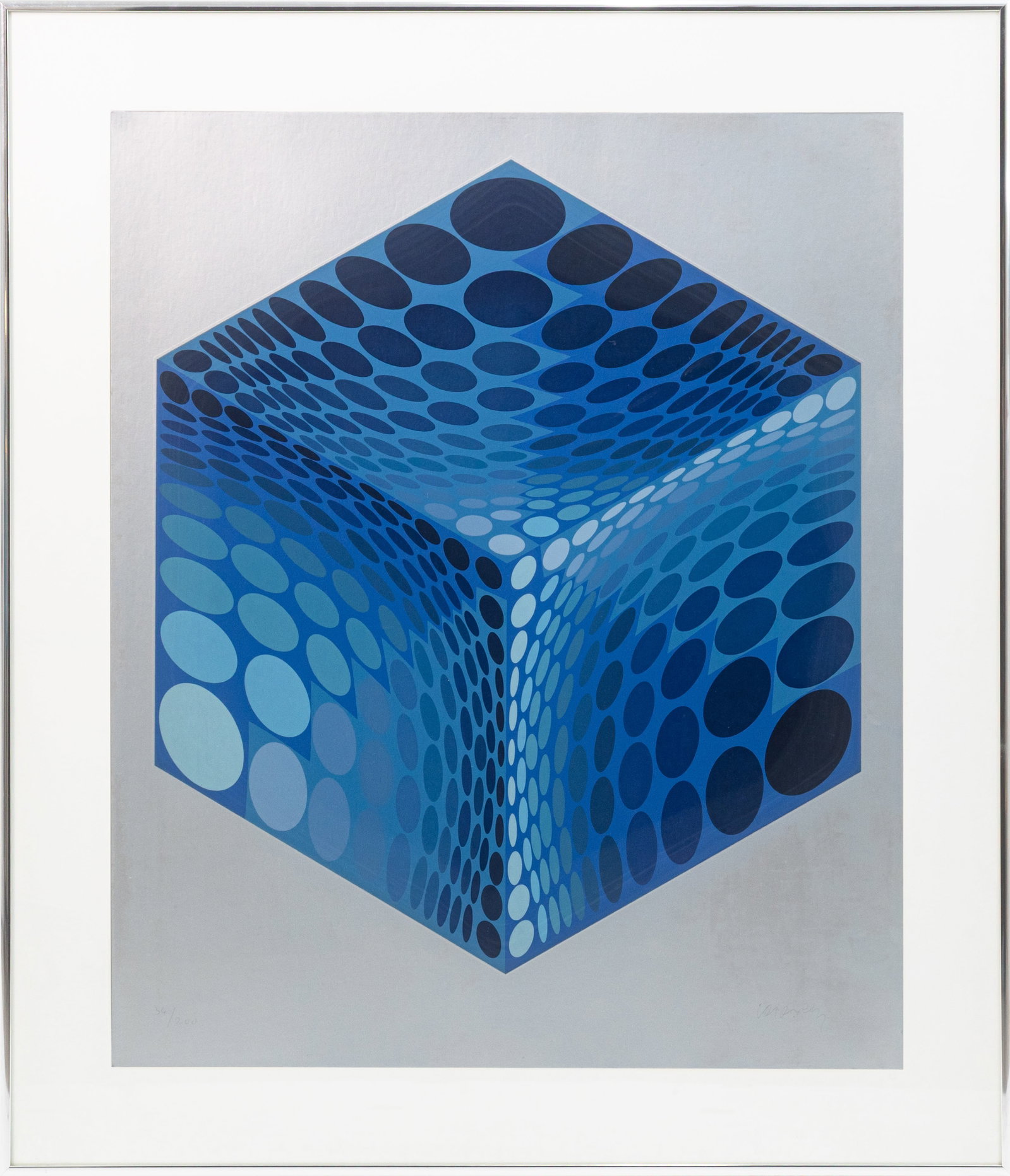 Victor Vasarely - Parmenide (Blue and Silver) 1970 Signed Screenprint on Foil Paper 34/200 Framed: A color screenprint on foil paper titled “Parmenide (Blue and Silver)” by Victor Vasarely. Hand signed in pencil on the lower right with an annotation of 34/200 on the lower left. Publishe
