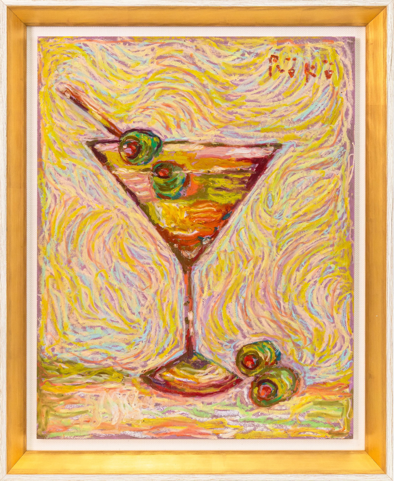 Tony Roko - Martini 2025 Signed Oil Stick on Board, Post Industrialist Expressionism Detroit: An expressive oil stick on board titled “Martini” by Detroit artist Tony Roko. Signed by the artist, top right. This vibrant contemporary composition depicts a stylized martini glass. Swir