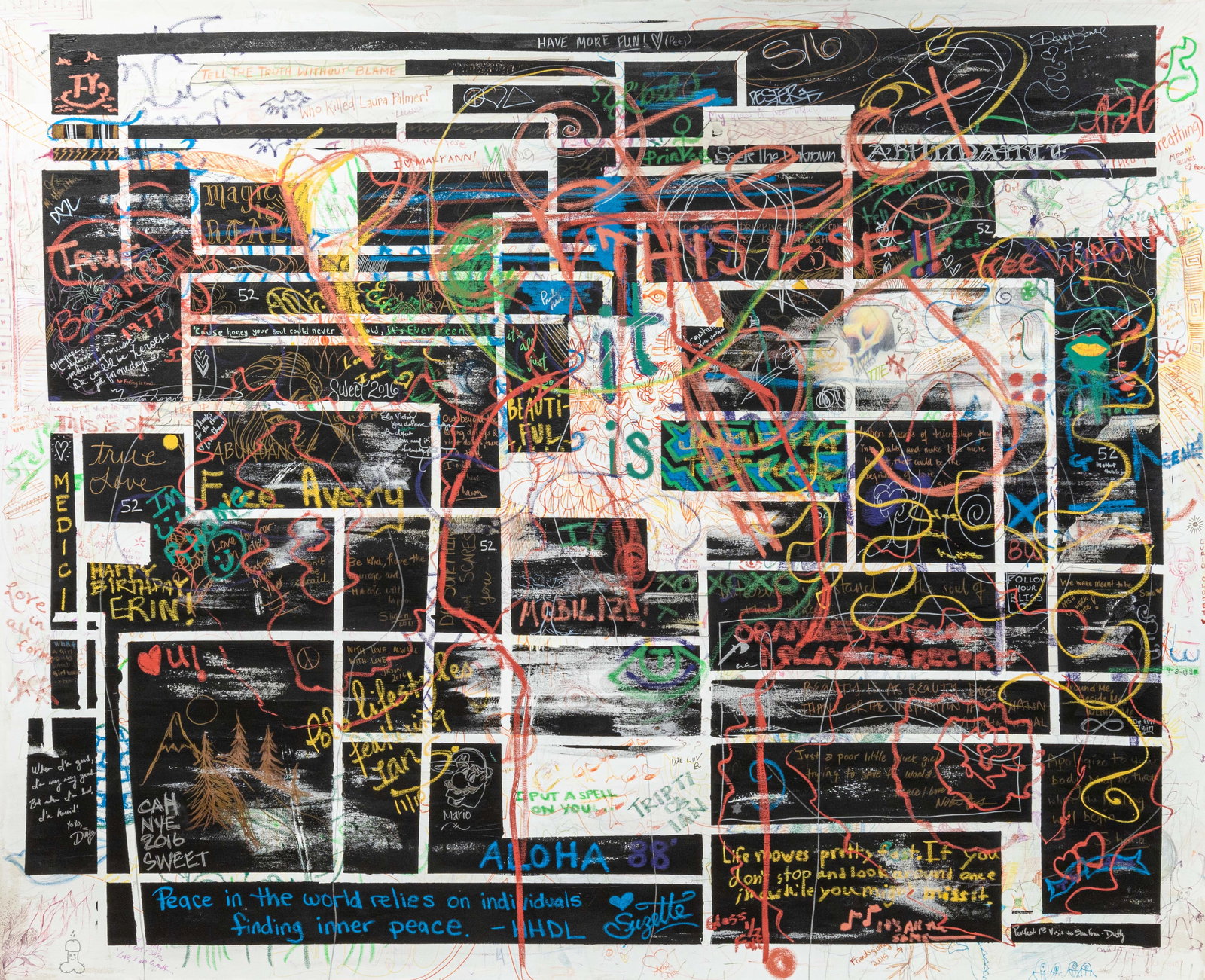 San Francisco California Artist Collective Signed Mixed-Media Painting on Linen 2000s: A contemporary mixed-media painting on linen signed by various San Francisco creatives and societies. Circa 2000s. From the personal collection of Interior Designer, Ian Stallings - an entrepreneurial