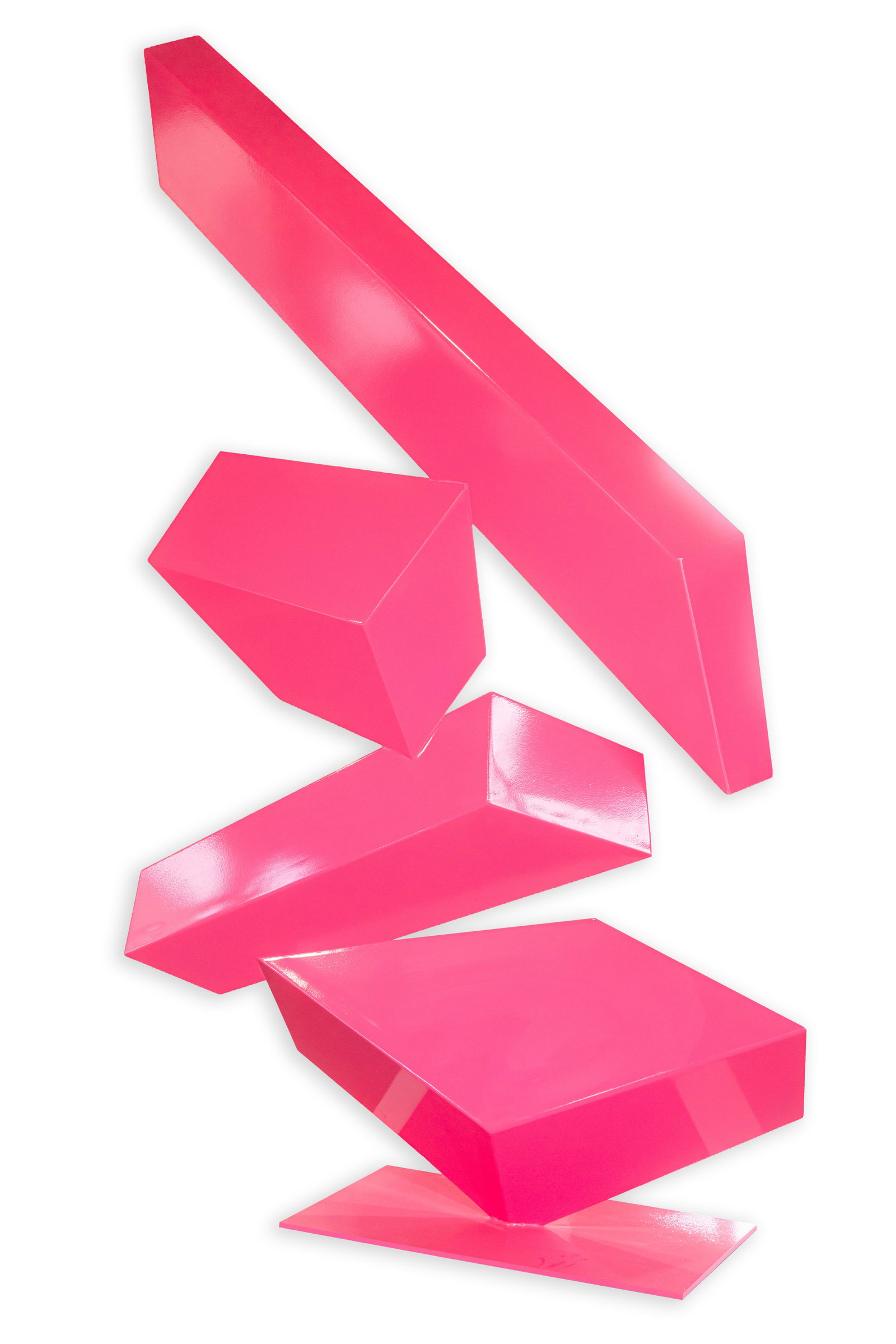 Lee Ptolemy Jackson - Untitled (Hot Pink) Geometric Sculpture, Powder Coated High-Strength Steel: A contemporary geometric steel sculpture by Lee Ptolemy Jackson featuring an arrangement of angular forms finished in a vivid hot pink powder coating. Constructed from high-strength steel, the work em