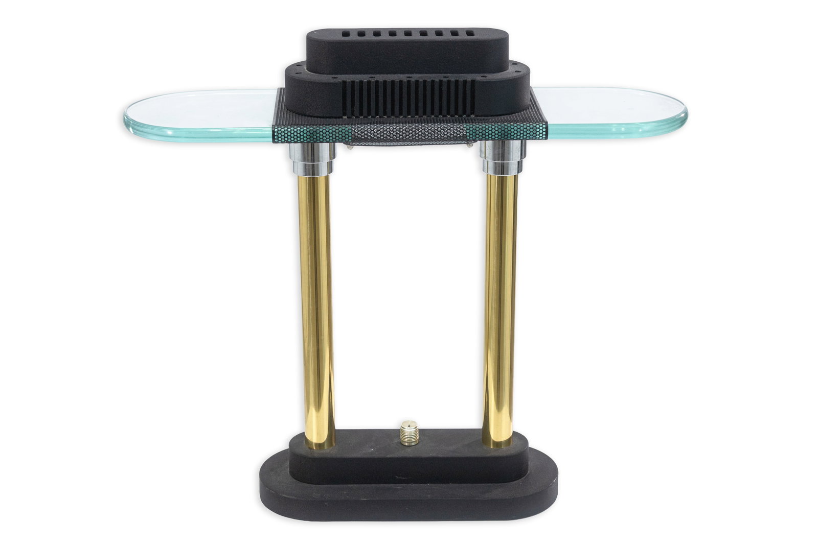 Robert Sonneman for George Kovacs - Brass and Glass Desk Lamp 1980s Postomdern Lighting: A Robert Sonneman for George Kovacs 1980s table lamp. This is a stunning example of a post modern table lamp by Sonneman for Kovacs. This lamp features a full metal body with matte black textured fram
