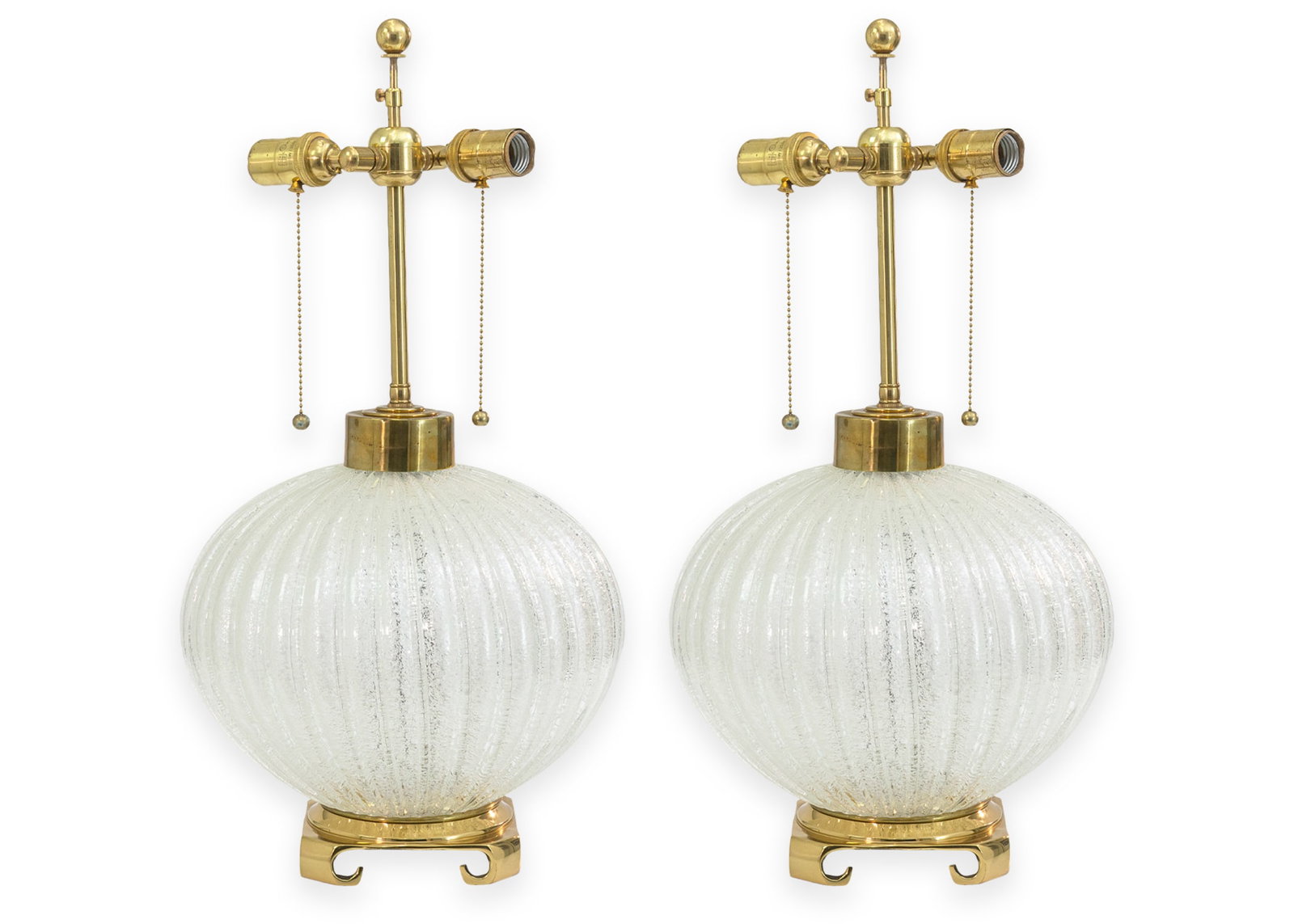 Marbro - Murano Glass Pair of Table Lamps, c. 1960s Mid-Century Modern Lighting: This sophisticated pair of Mid-Century Modern table lamps by Marbro showcases the refined glamour and Italian-inspired craftsmanship that defined luxury lighting design in the 1960s. Each lamp feature