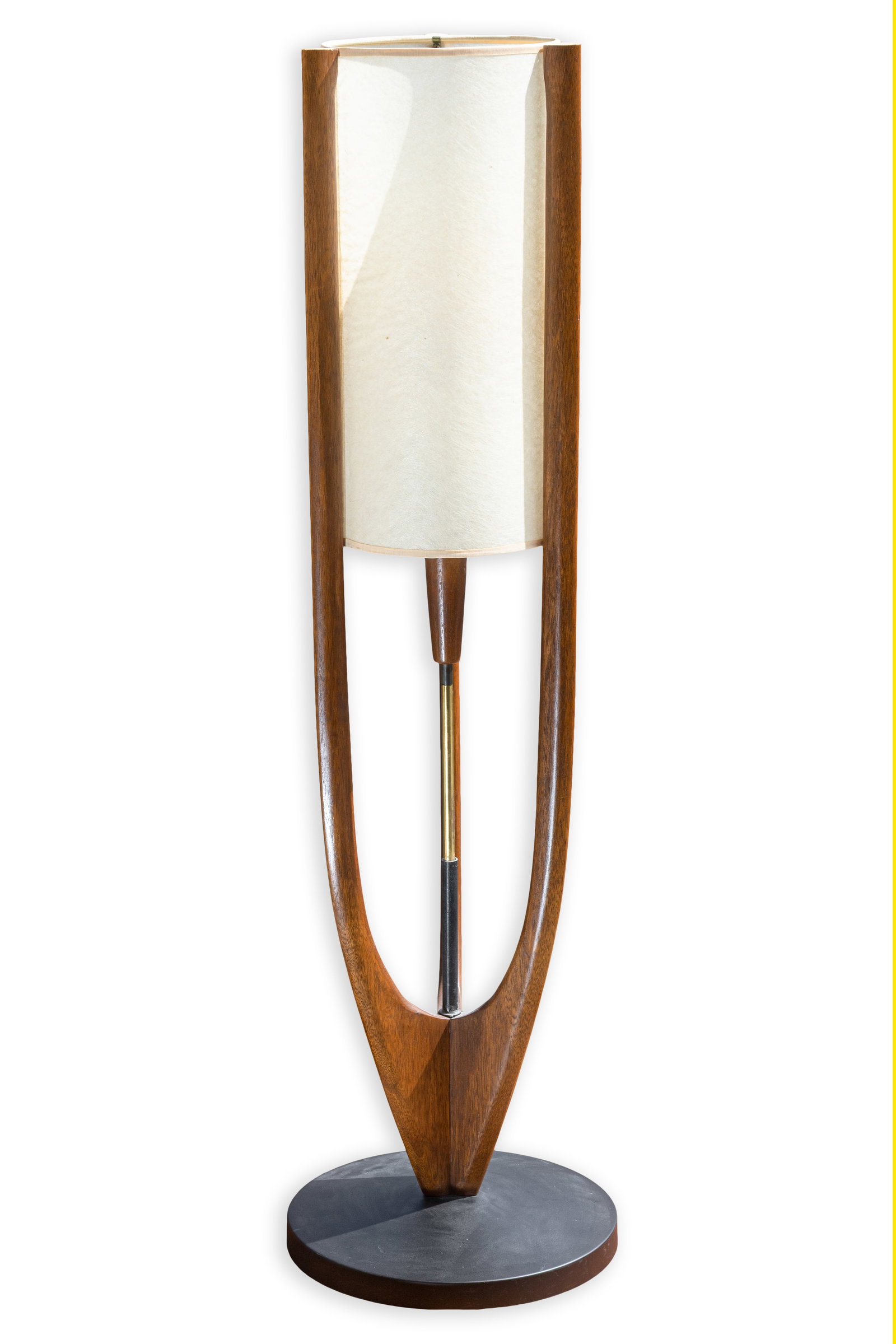 Danish Teak Table Lamp 1960s Scandinavian Mid-Century Modern Lighting: Danish teak table lamp from the 1960s, designed in the mid-century modern style with a sculptural open-frame base and clean Scandinavian lines. The base is formed by two elongated tapered teak support