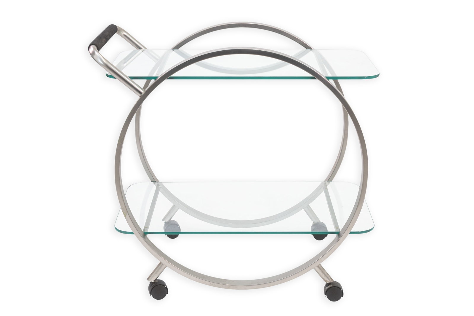 Wolfgang Hoffmann / Bauhaus Style - Bar Cart c. 1930s Chrome Plating, Glass, Tubular Steel Art Deco: A streamlined Bauhaus-style bar cart in the manner of Wolfgang Hoffmann, executed in chrome-plated tubular steel with two inset glass shelves. The design features dramatic circular side supports balan